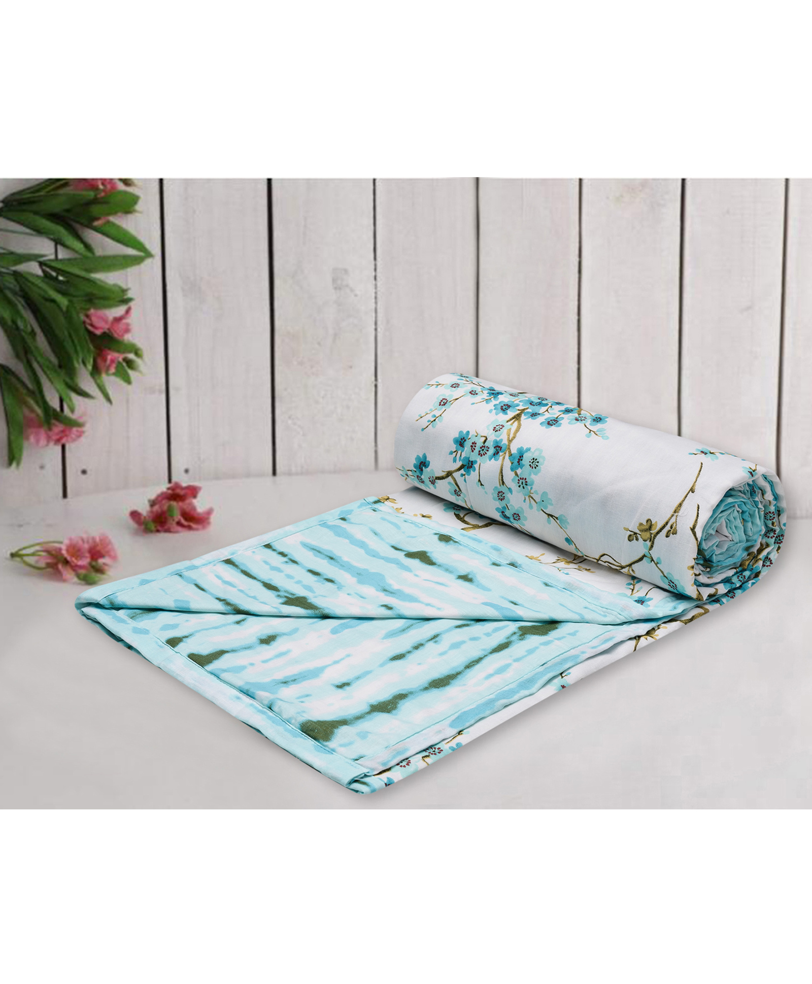 Trance Home Linen Pure Cotton Reversible Dohar Double Bed Size AC Blanket Soft Light Weight Bed Blanket - Akira Turquoise-image-42