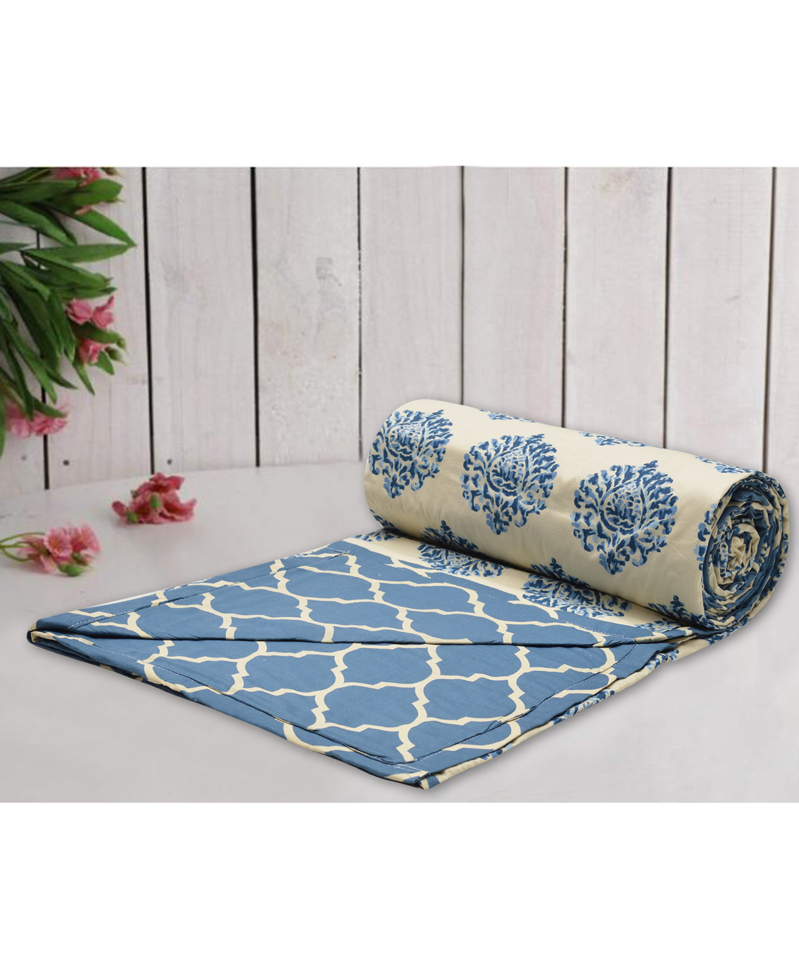 Trance Home Linen Pure Cotton Reversible Dohar Double Bed Size AC Blanket Soft Light Weight Bed Blanket - Damask Blue-picture-11