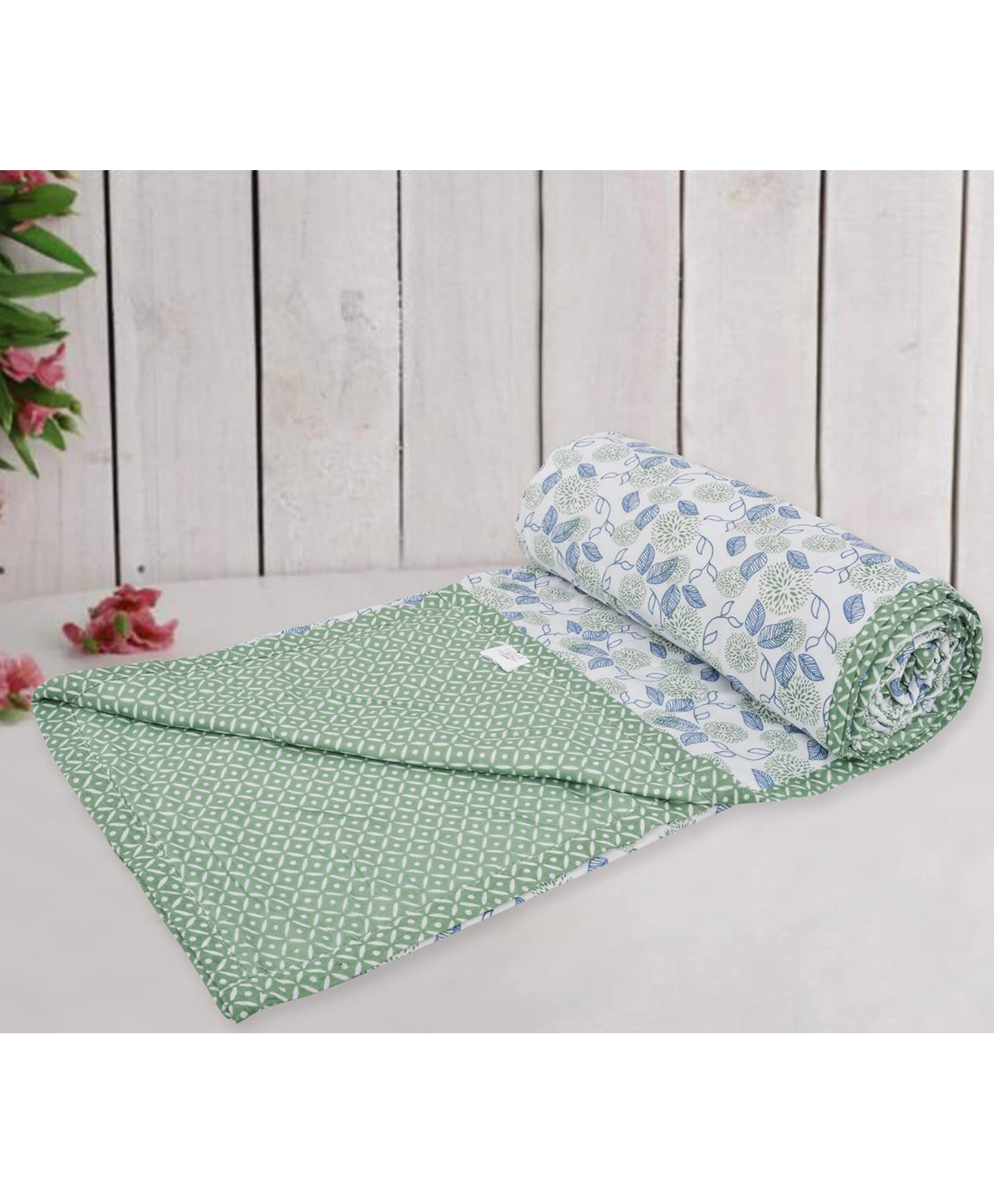Trance Home Linen Pure Cotton Reversible Dohar Double Bed Size AC Blanket Soft Light Weight Bed Blanket - Spring Green-image-48