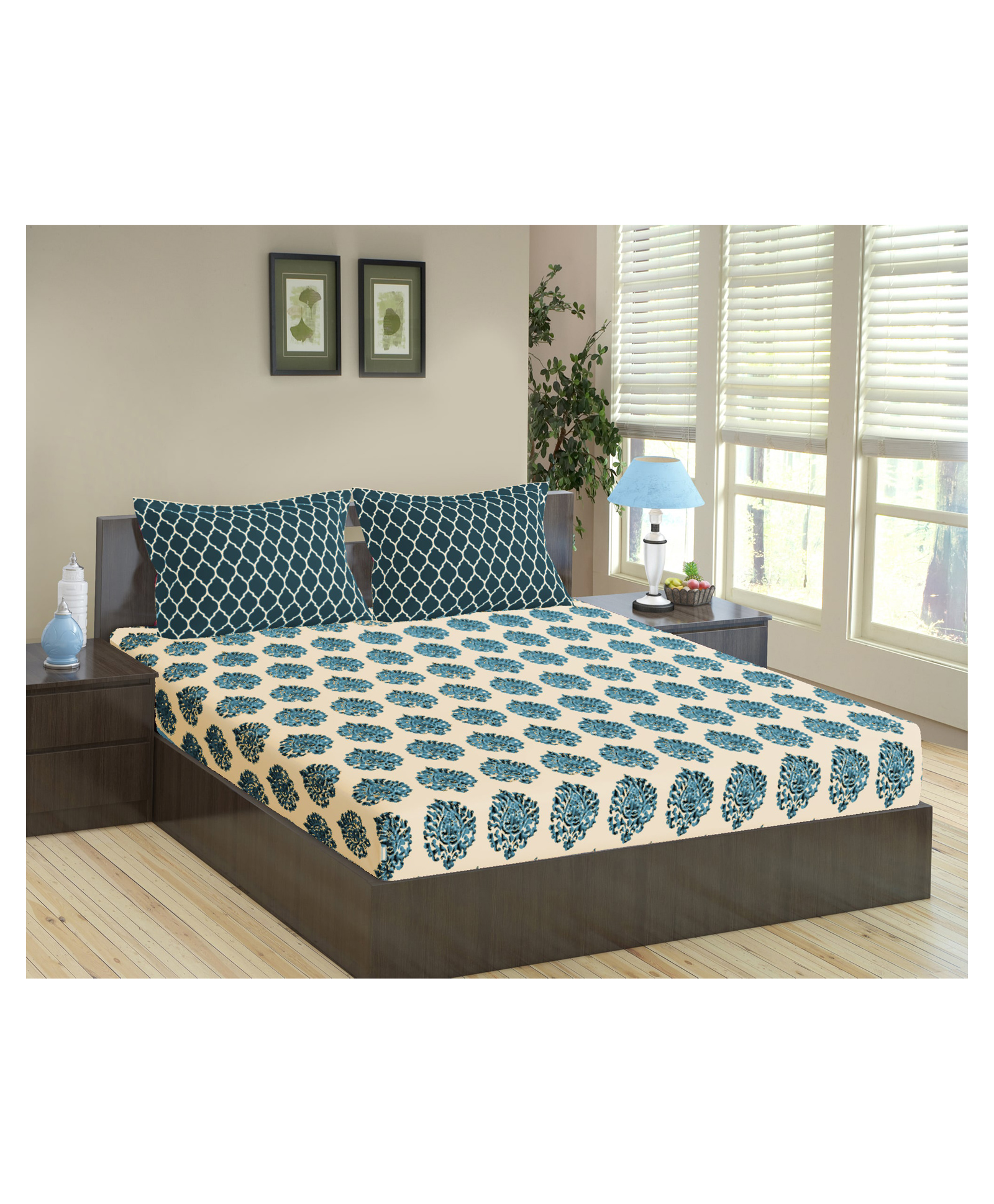 Trance Home Linen Pure Cotton King Size Fitted Bedsheet with Pillow Covers - Blue-image-3