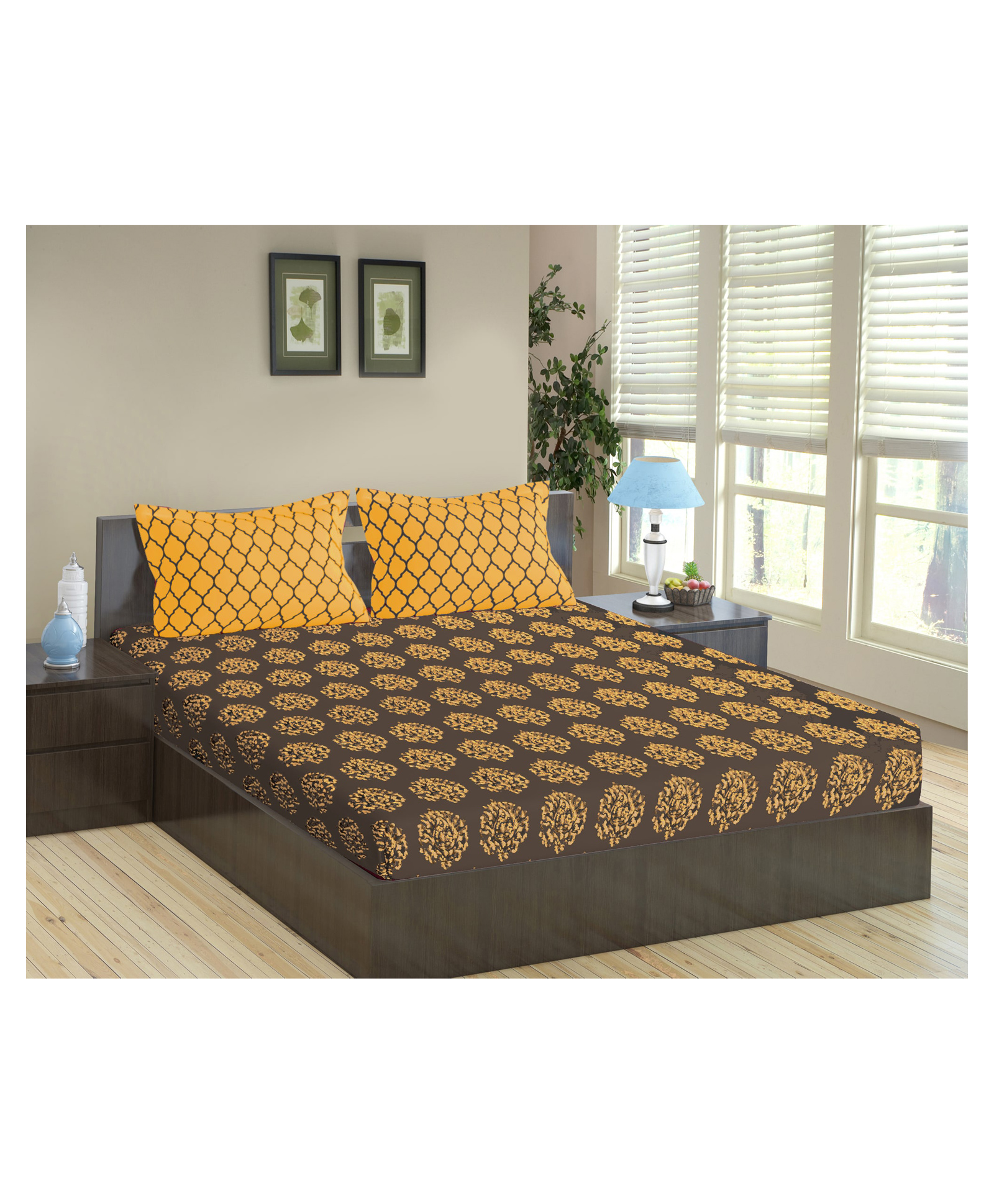 Trance Home Linen Pure Cotton King Size Fitted Bedsheet with Pillow Covers - Grey Mustard-image-21