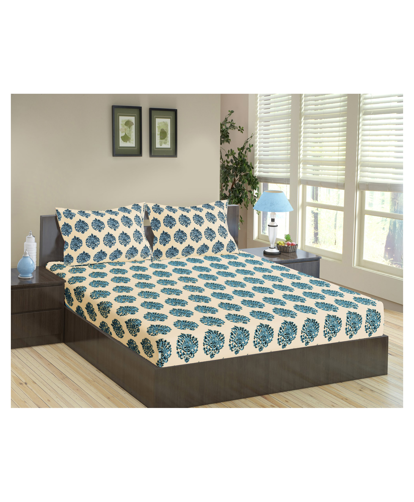 Trance Home Linen Pure Cotton King Size Fitted Bedsheet with Pillow Covers - Blue-picture-40