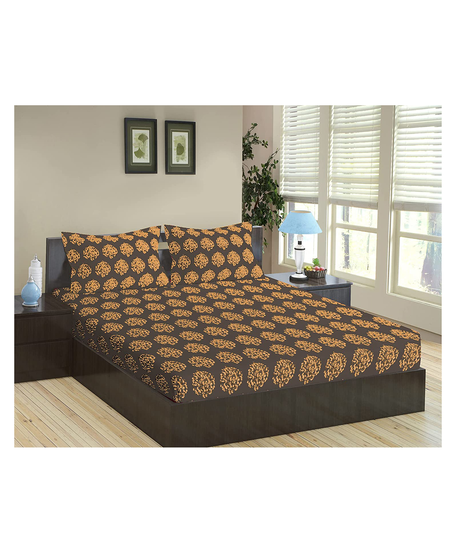 Trance Home Linen Pure Cotton King Size Fitted Bedsheet with Pillow Covers - Grey Mustard-image-24