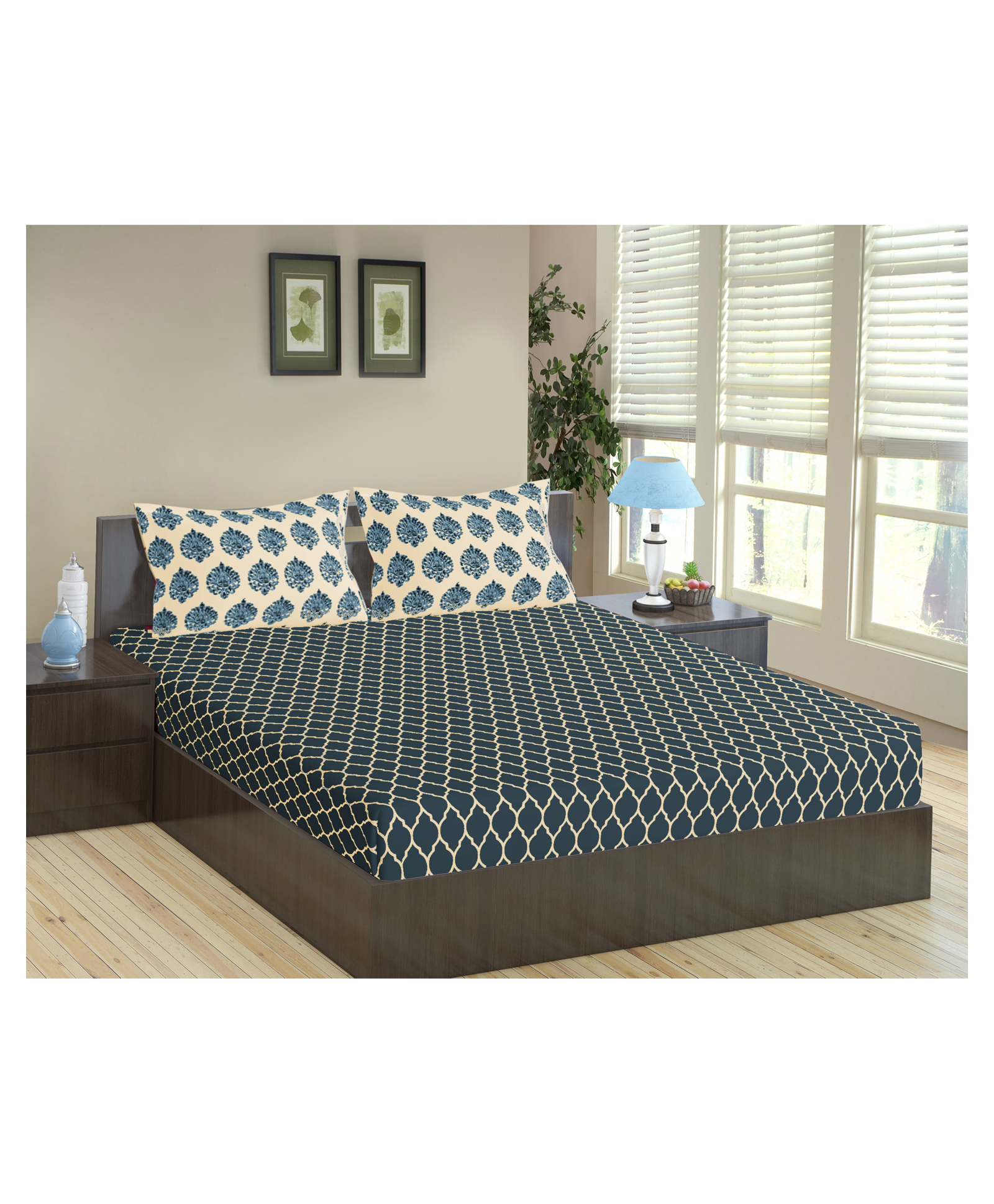 Trance Home Linen Pure Cotton King Size Fitted Bedsheet with Pillow Covers - Blue-image-18