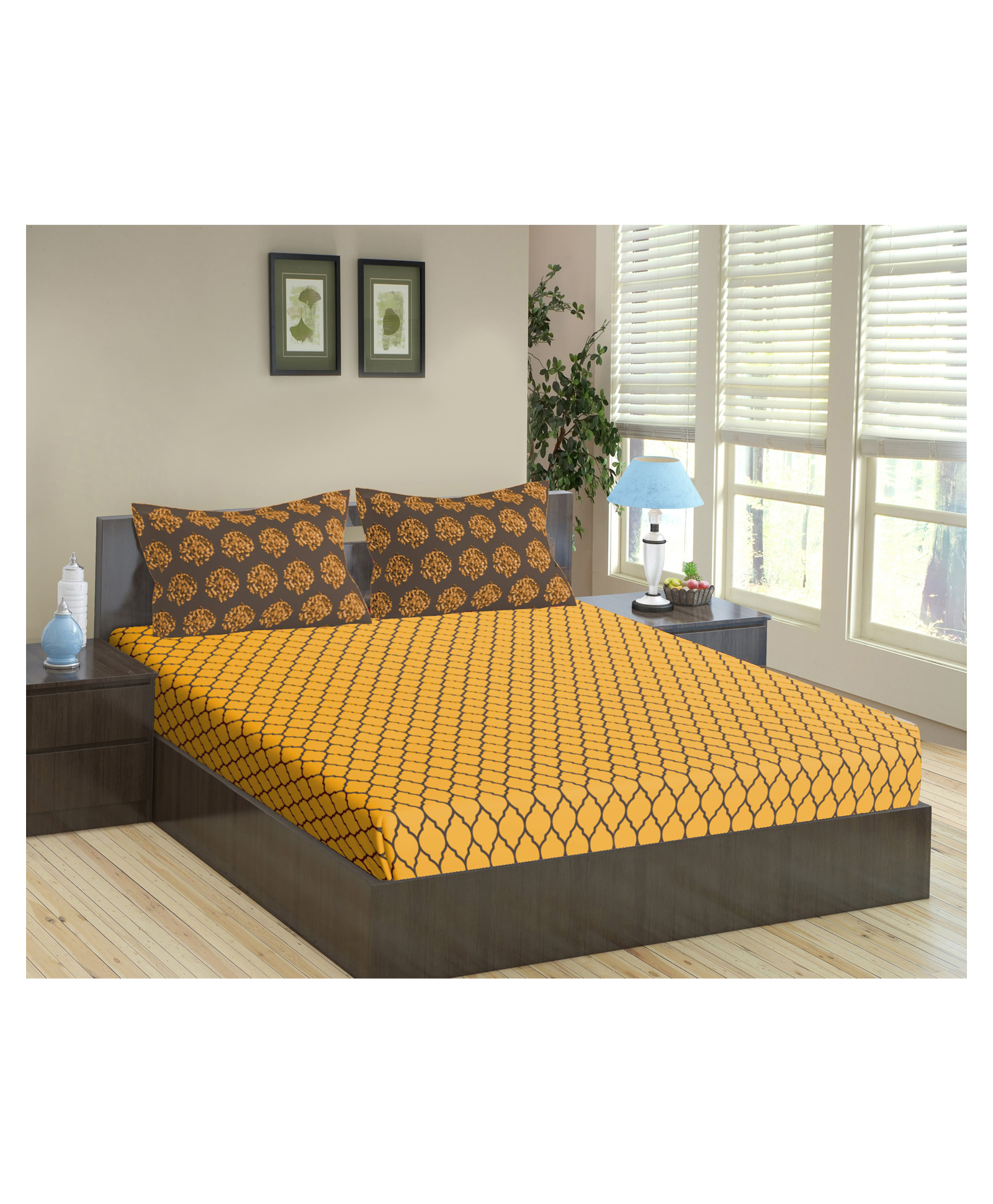 Trance Home Linen Pure Cotton King Size Fitted Bedsheet with Pillow Covers - Grey Mustard-image-23