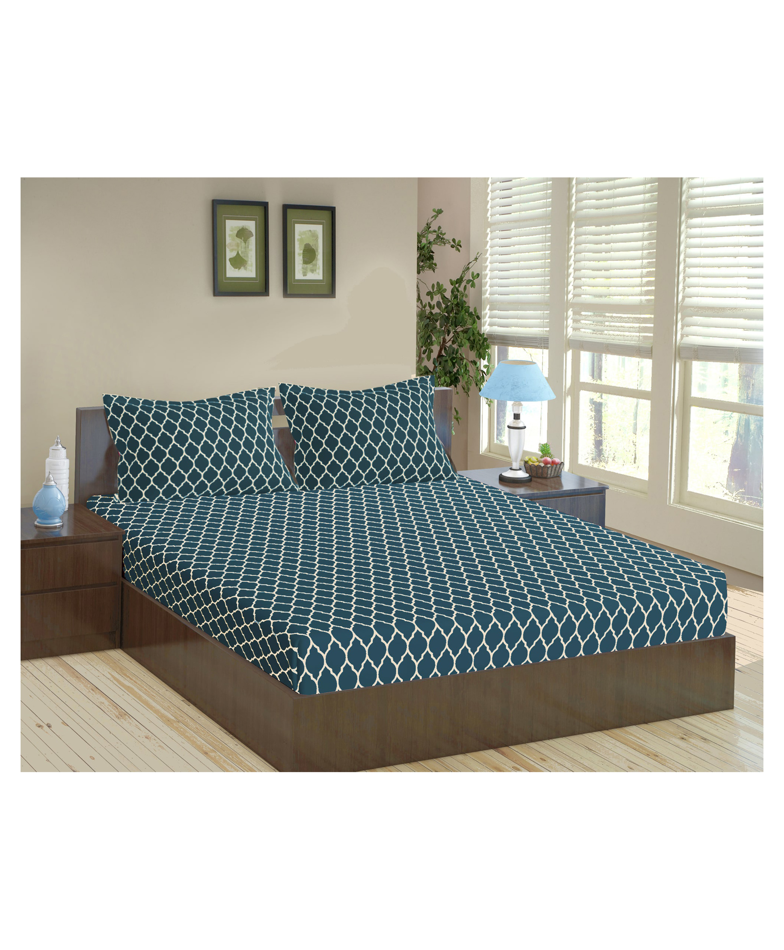 Trance Home Linen Pure Cotton King Size Fitted Bedsheet with Pillow Covers - Blue-image-17
