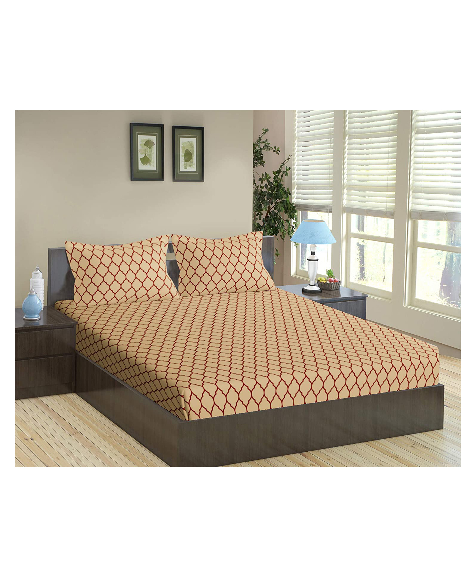 Trance Home Linen Pure Cotton King Size Fitted Bedsheet with Pillow Covers - Clay Red-image-20