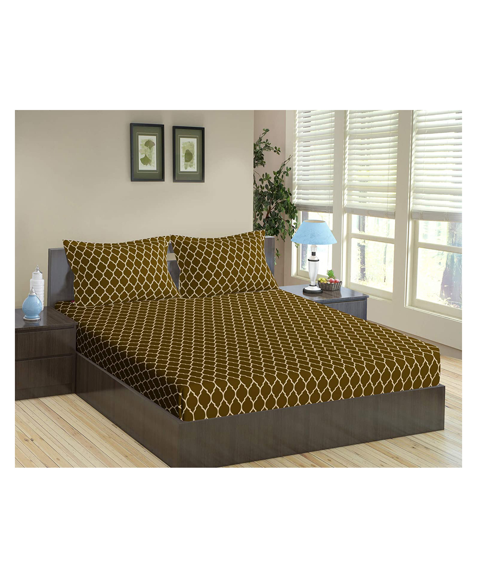 Trance Home Linen Pure Cotton King Size Fitted Bedsheet with Pillow Covers - Forest Green-picture-36