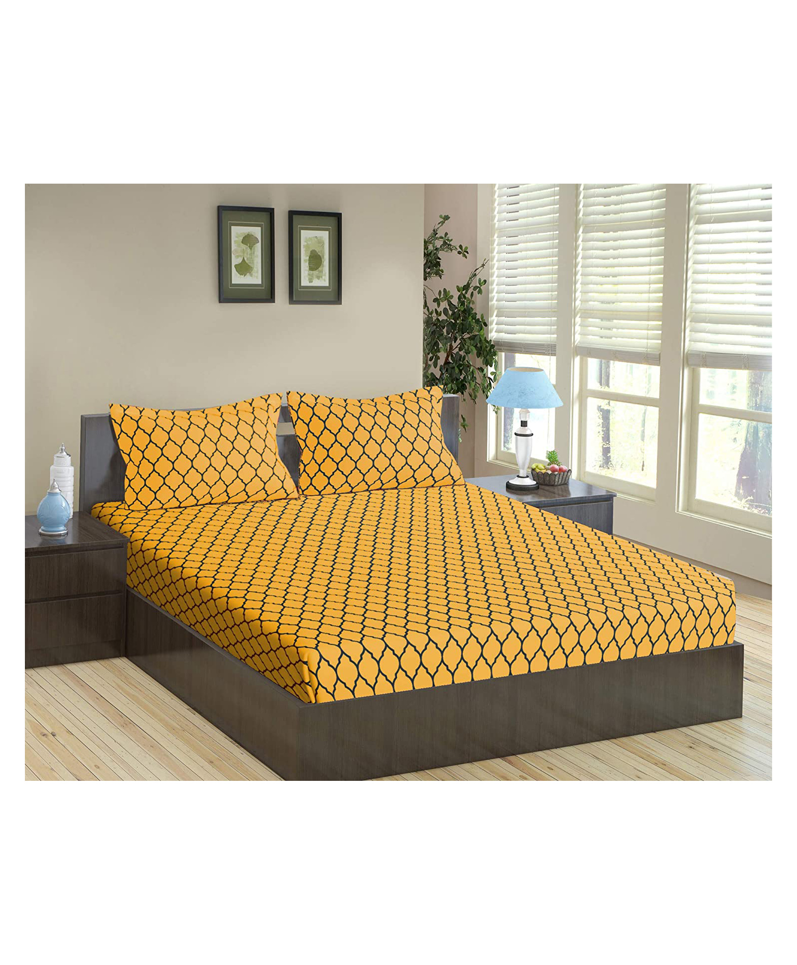 Trance Home Linen Pure Cotton King Size Fitted Bedsheet with Pillow Covers - Grey Mustard-image-22
