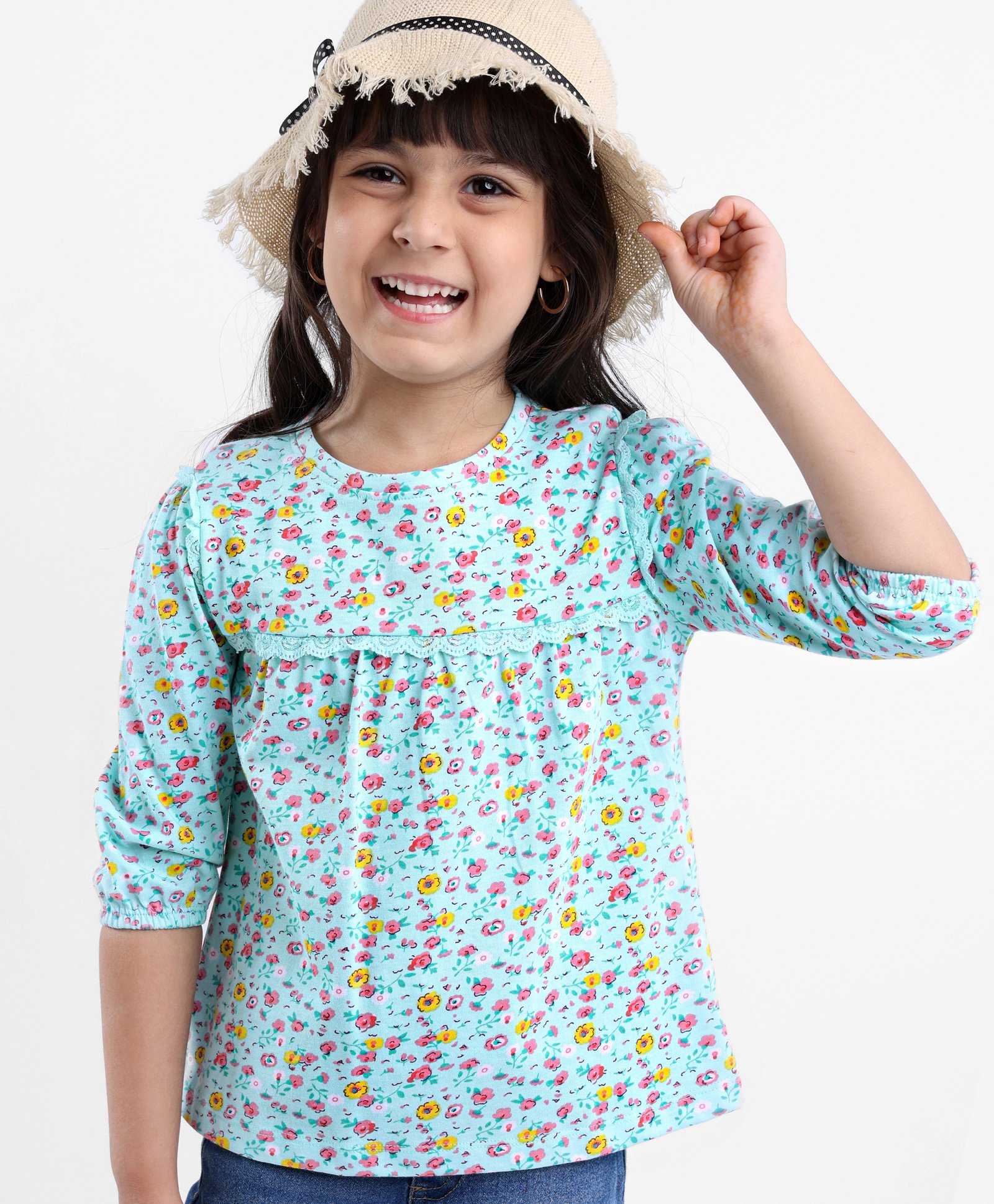 Babyhug Three Forth Sleeves Floral Print With Lace Detail Tee - Light Blue-image-15