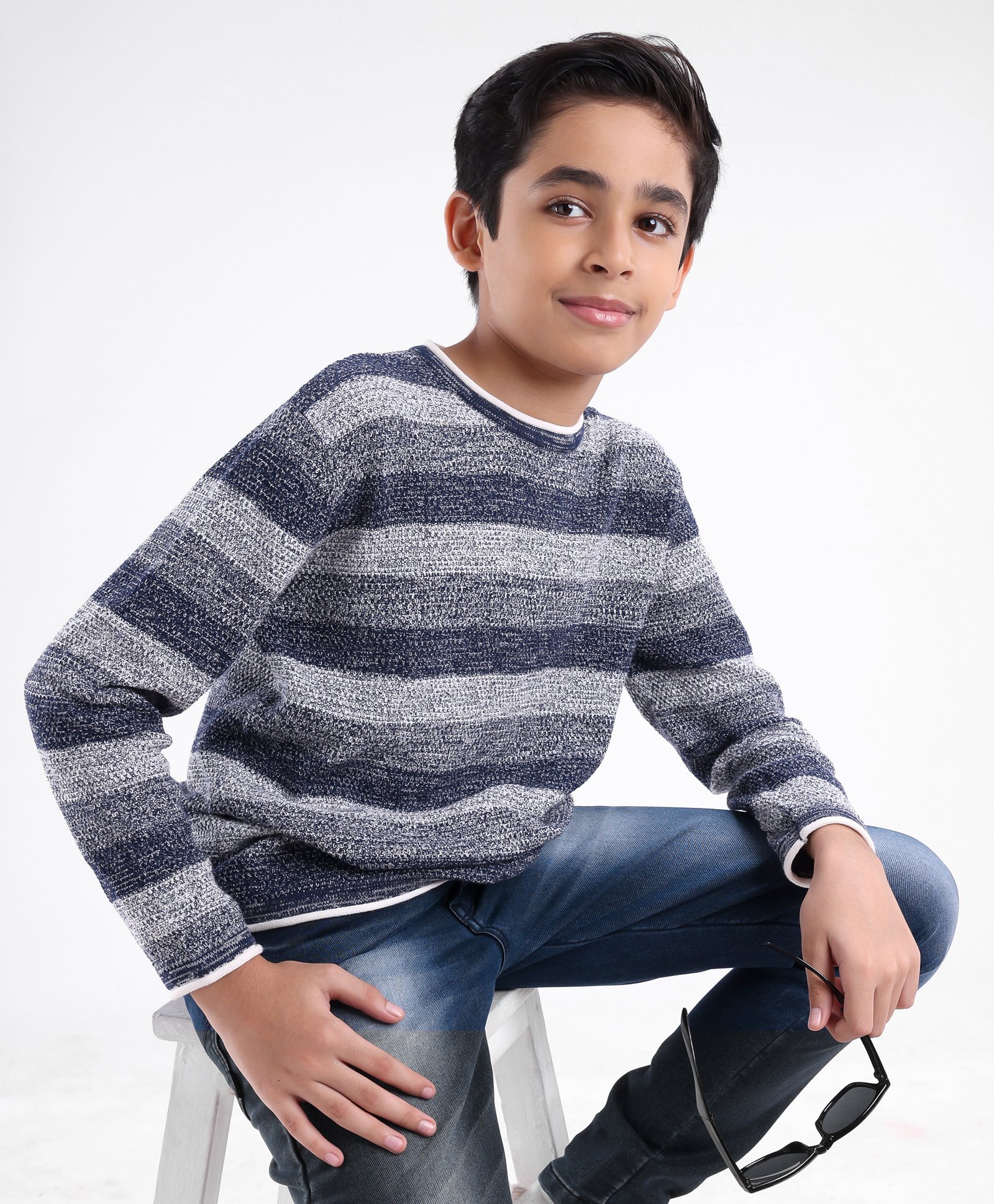 Pine Kids Full Sleeves Moderate Winter Sweater Textured Structure Strip - Grey-image-1