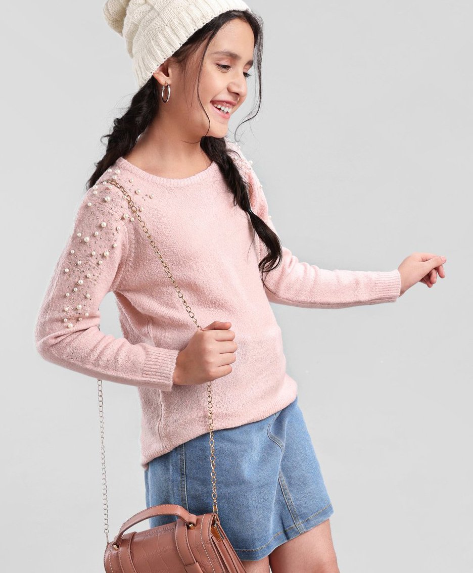 Pine Kids Full Sleeves Moderate Winter Sweater With Pearl Emblishment & Super Soft - Pink-image-2