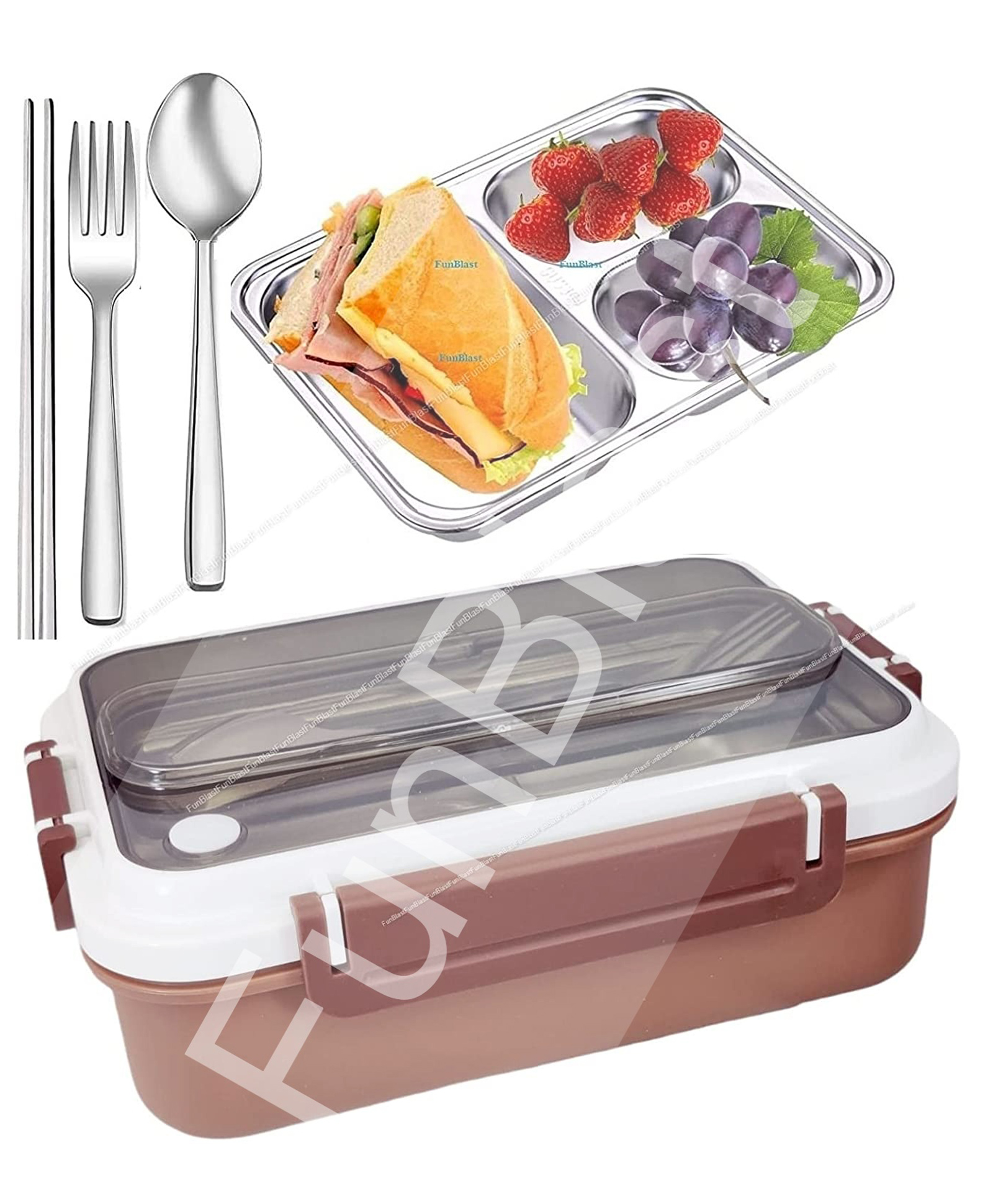 FunBlast Stainless Steel Lunch Box with Spoon and Fork  Brown-picture-34