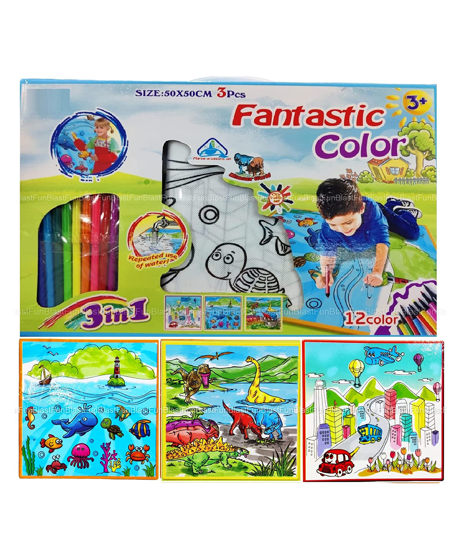 FunBlast DIY 3 in 1 Coloring Washable Drawing Mat with Sketch Pens - Multicolour-image-18