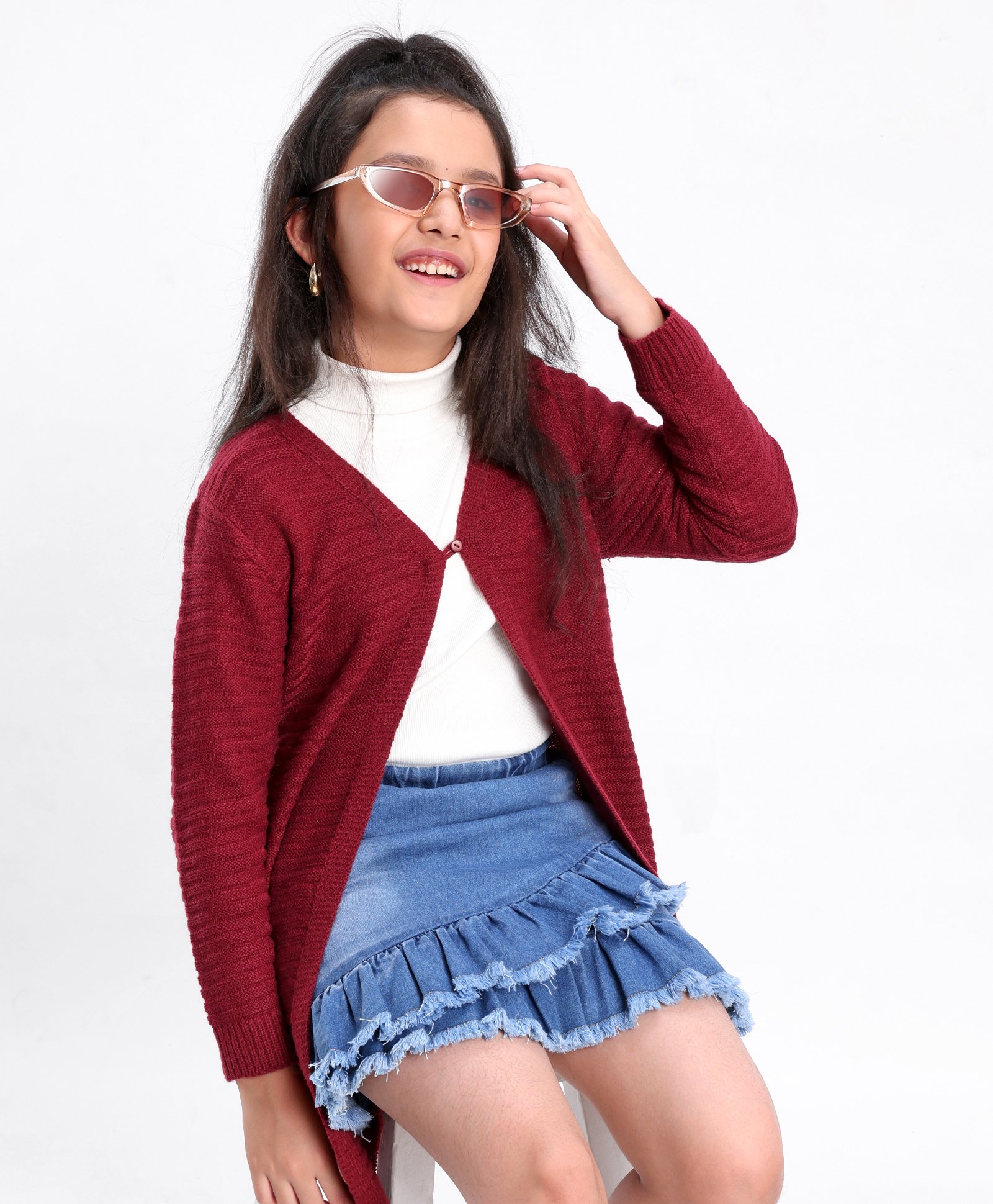 Pine Kids Full Sleeves Moderate Winter Front Open Shrug - Maroon-image-3