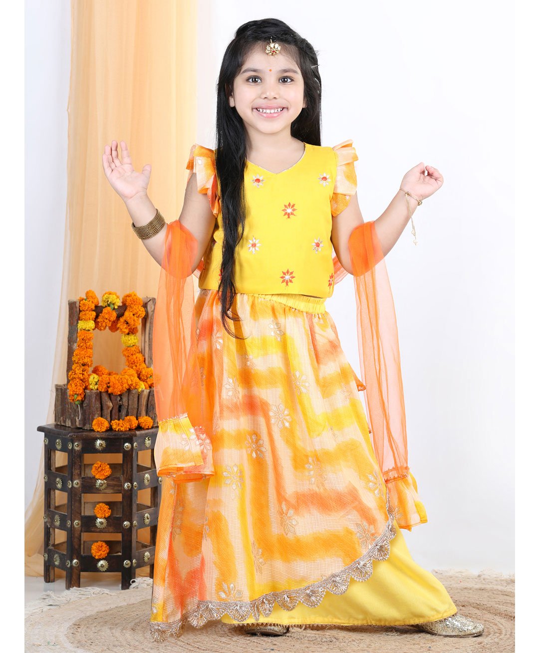 Kinder Kids Cap Frill Sleeves Floral Foil Embellished Double Layered Lace Work Skirt With Embroidered Top And Dupatta  - Yellow-image-1