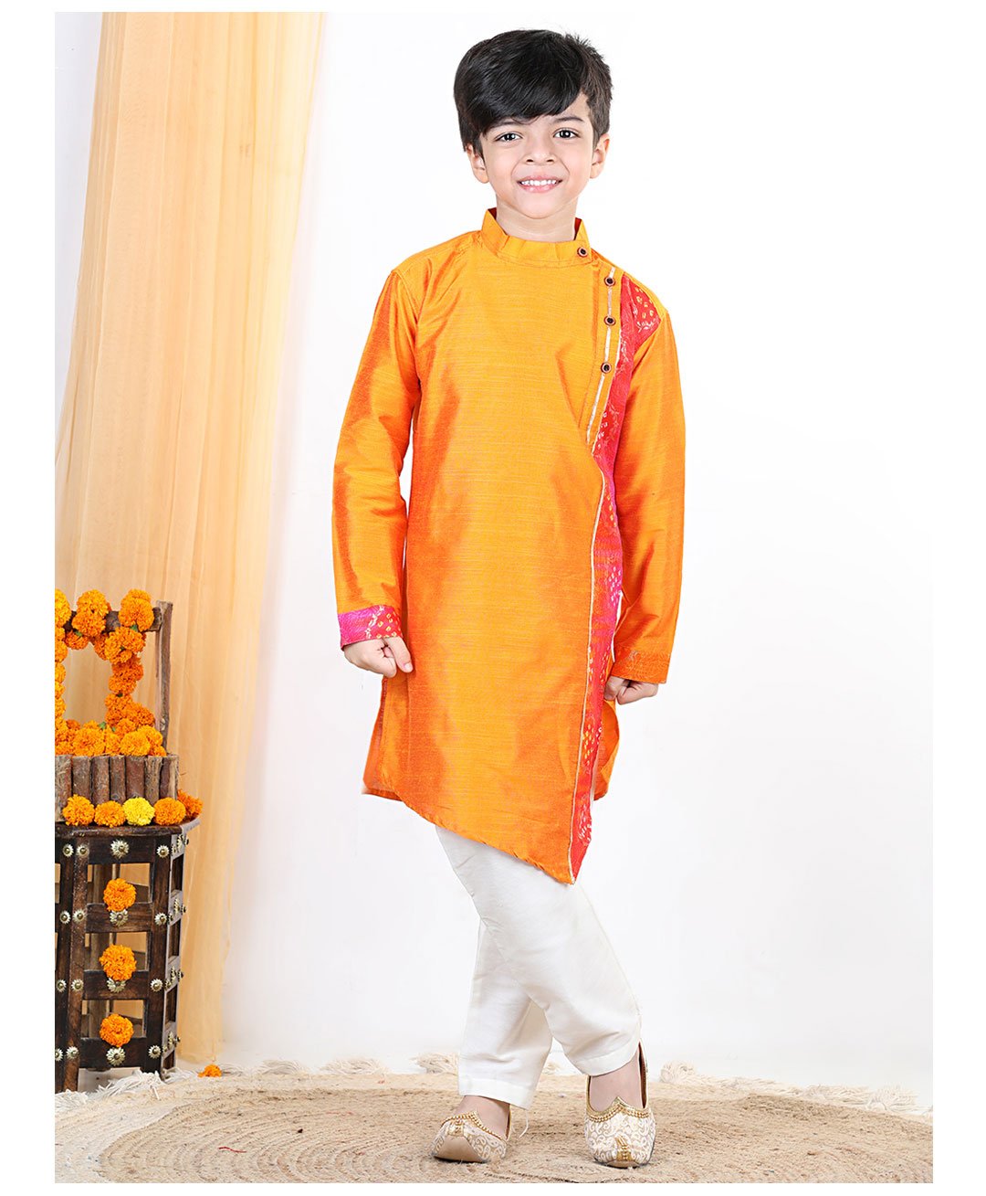 Kinder Kids Full Sleeves One Side Kota Patch Detail Kurta With Pyjama - Yellow-image-35