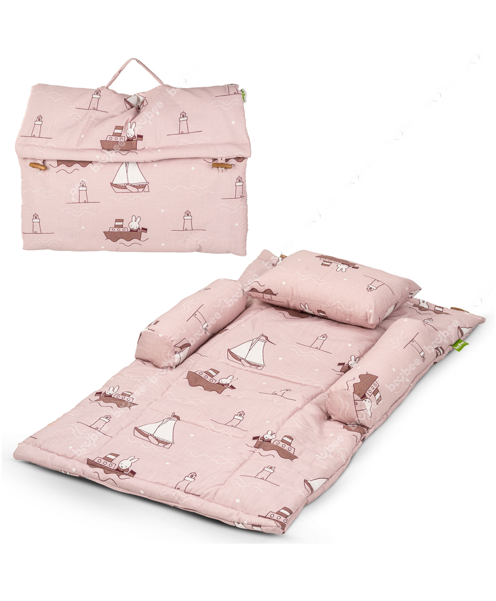 Baybee Printed Cotton Bedding Set for New Born Babies with Cushion Pillow, Two Fixed Bolsters & Suitcase Bag Baby Sleeping Bag Combo Gadda set - Pink-image-2