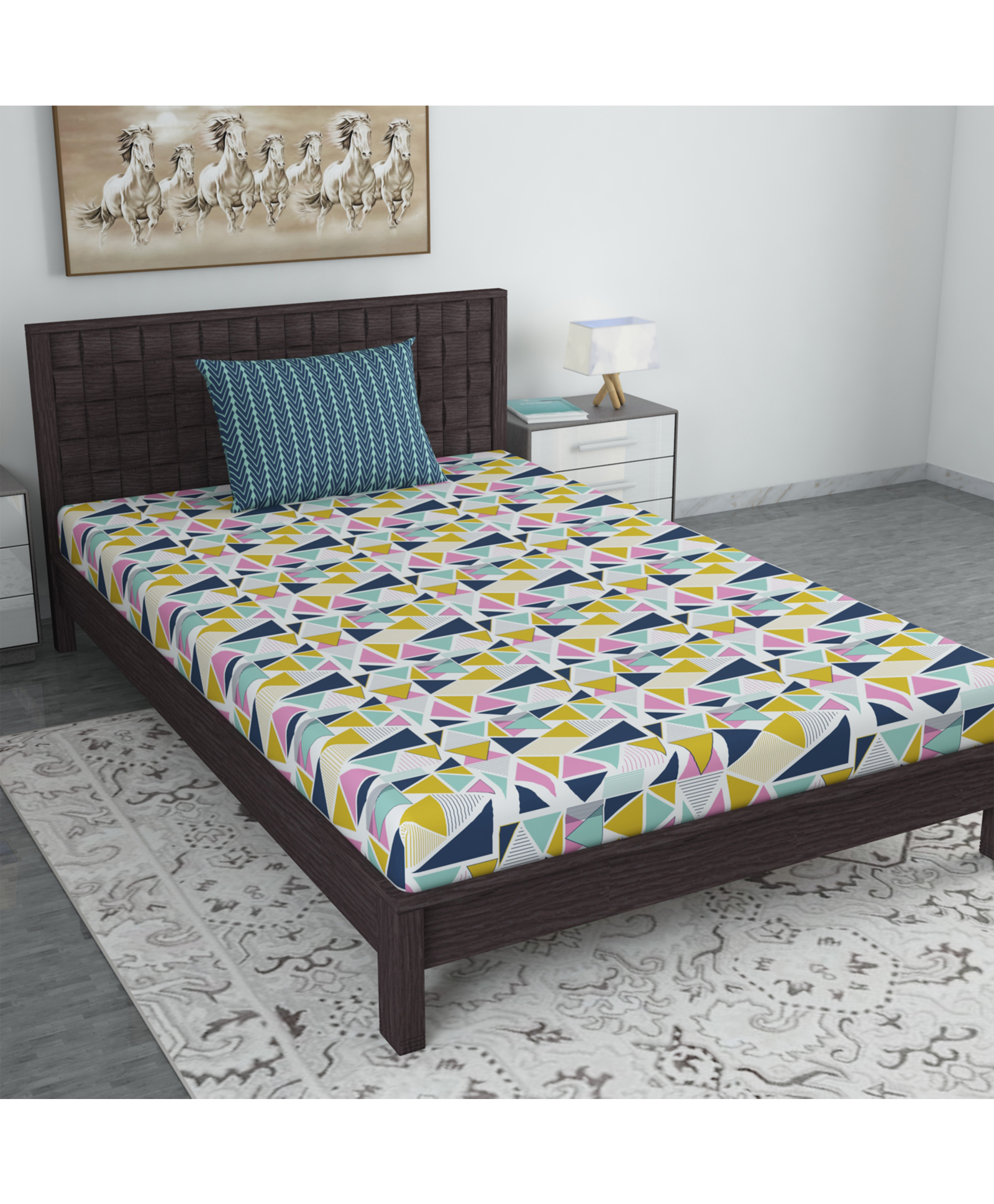 Divine Casa Floral Blend Cotton Single Bedsheet with 1 Pillow Cover - Olive Green & Yellow-picture-12