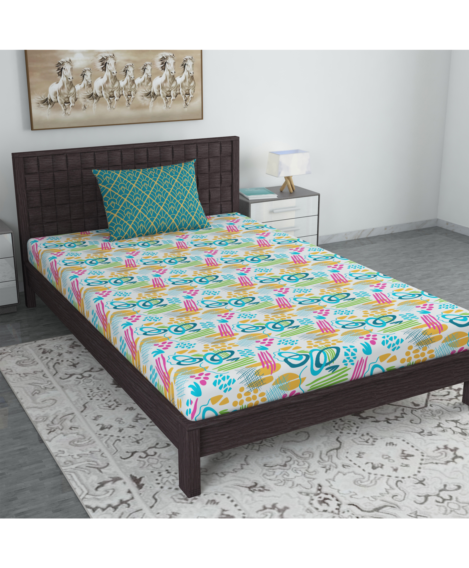 Divine Casa Abstract Blend Cotton Single Bedsheet with 1 Pillow Cover - Sky Blue & Black-image-24