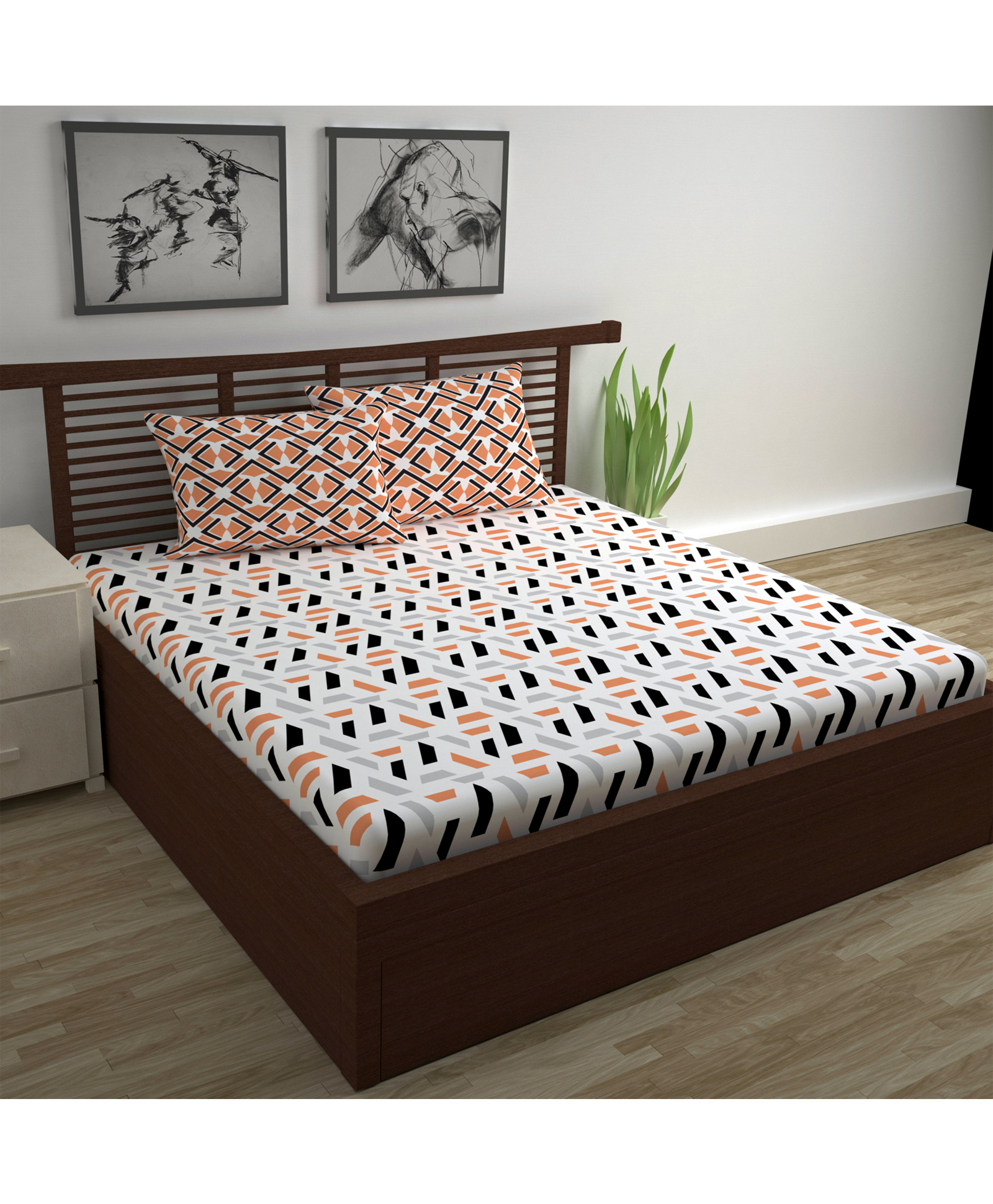 Divine Casa Floral Blend Cotton Double Bedsheet with 2 Pillow Covers - Peach & Carrot Red-picture-28