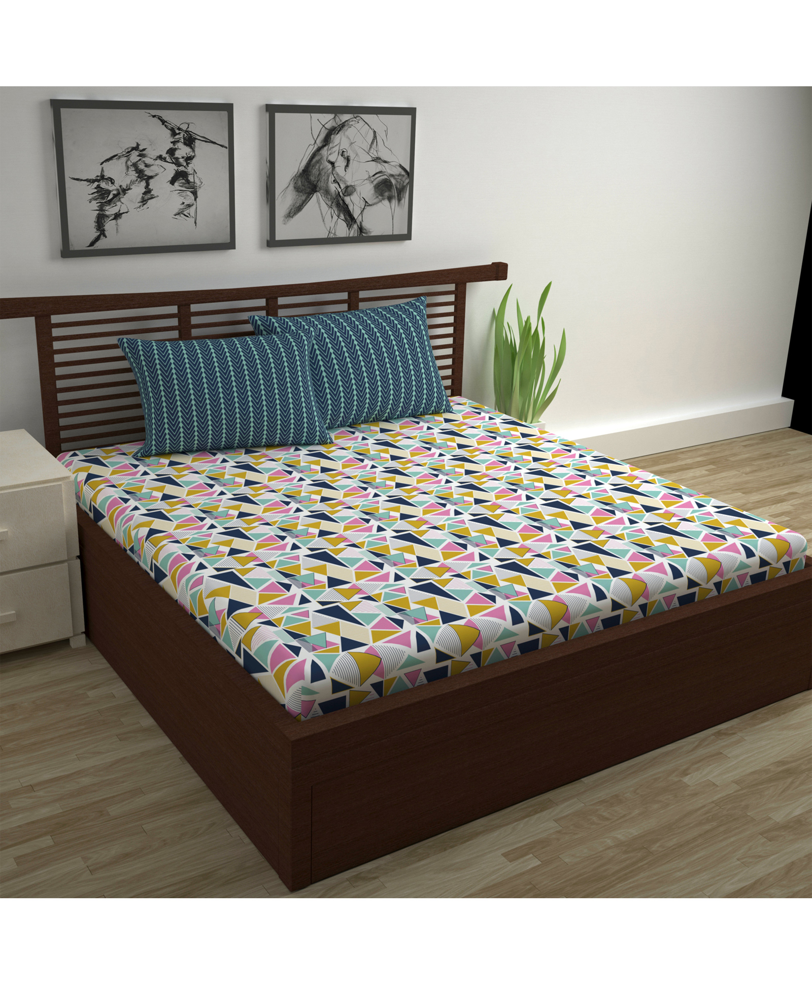 Divine Casa Floral Blend Cotton Double Bedsheet with 2 Pillow Covers - Olive Green & Yellow-picture-29