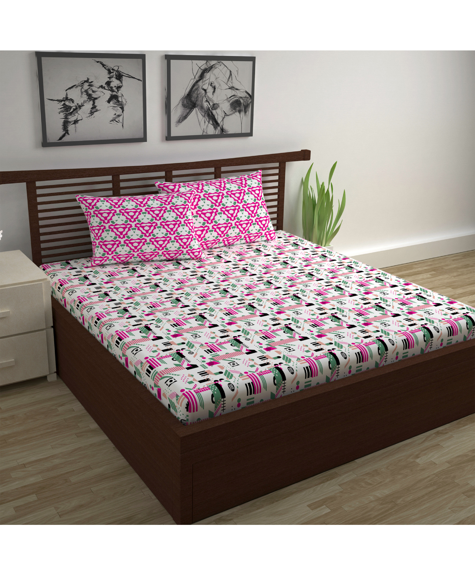 Divine Casa Abstract Blend Cotton Double Bedsheet with 2 Pillow Covers - Dark Peach & Black-image-32