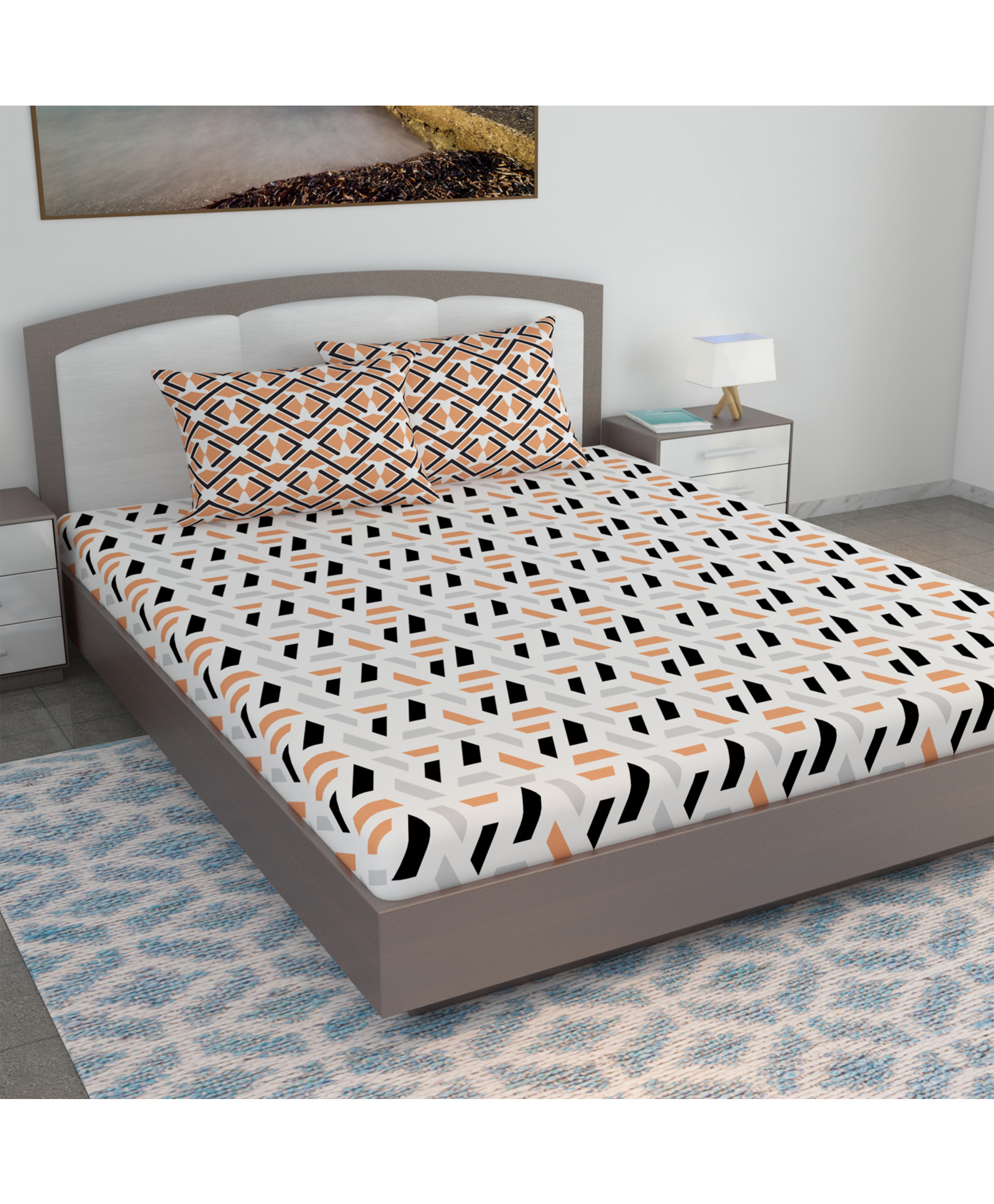 Divine Casa Floral Blend Cotton King Bedsheet with 2 Pillow Covers - Peach & Carrot Red-image-48