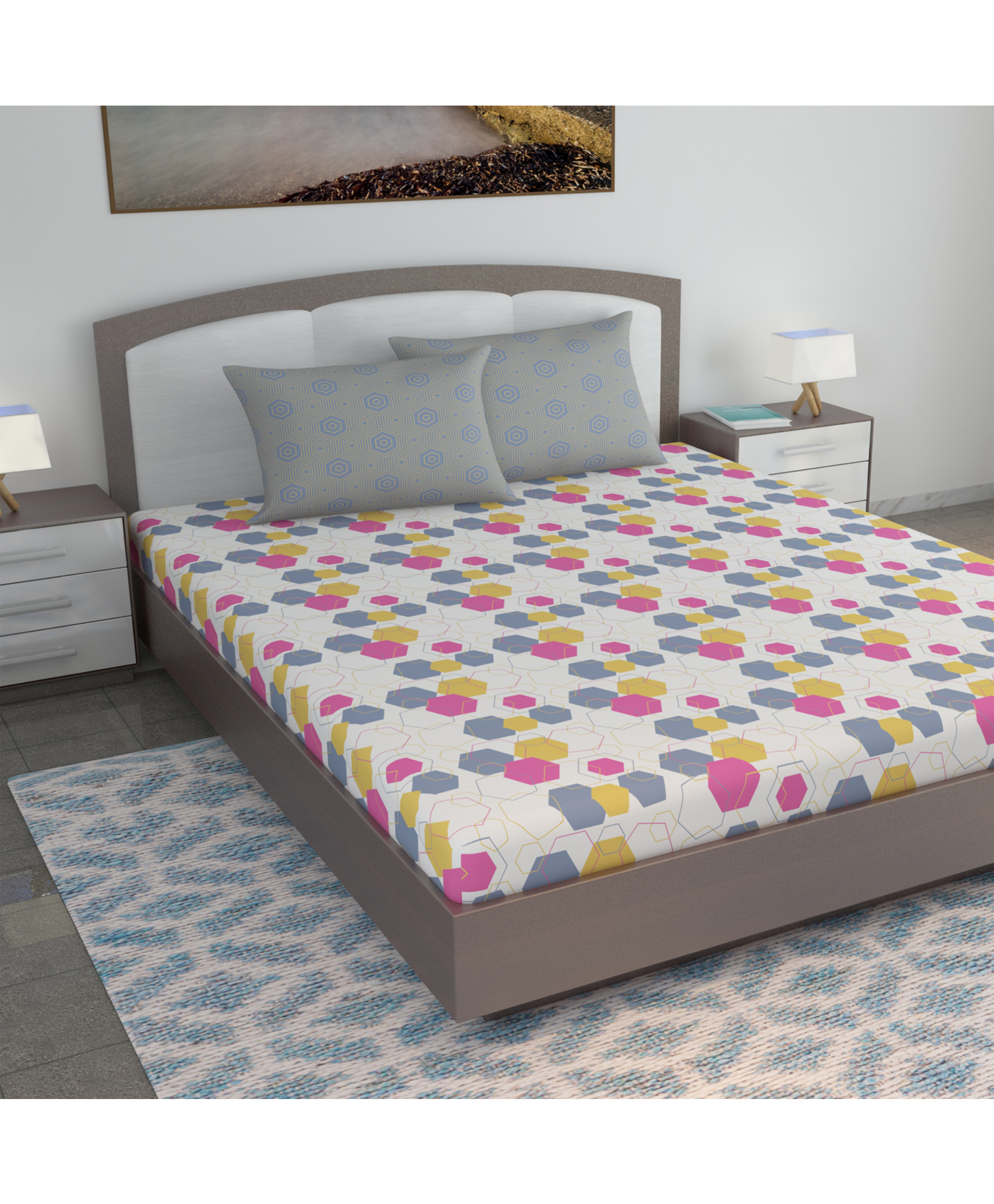 Divine Casa Floral Blend Cotton King Bedsheet with 2 Pillow Covers - Sky Blue & Off White-picture-33