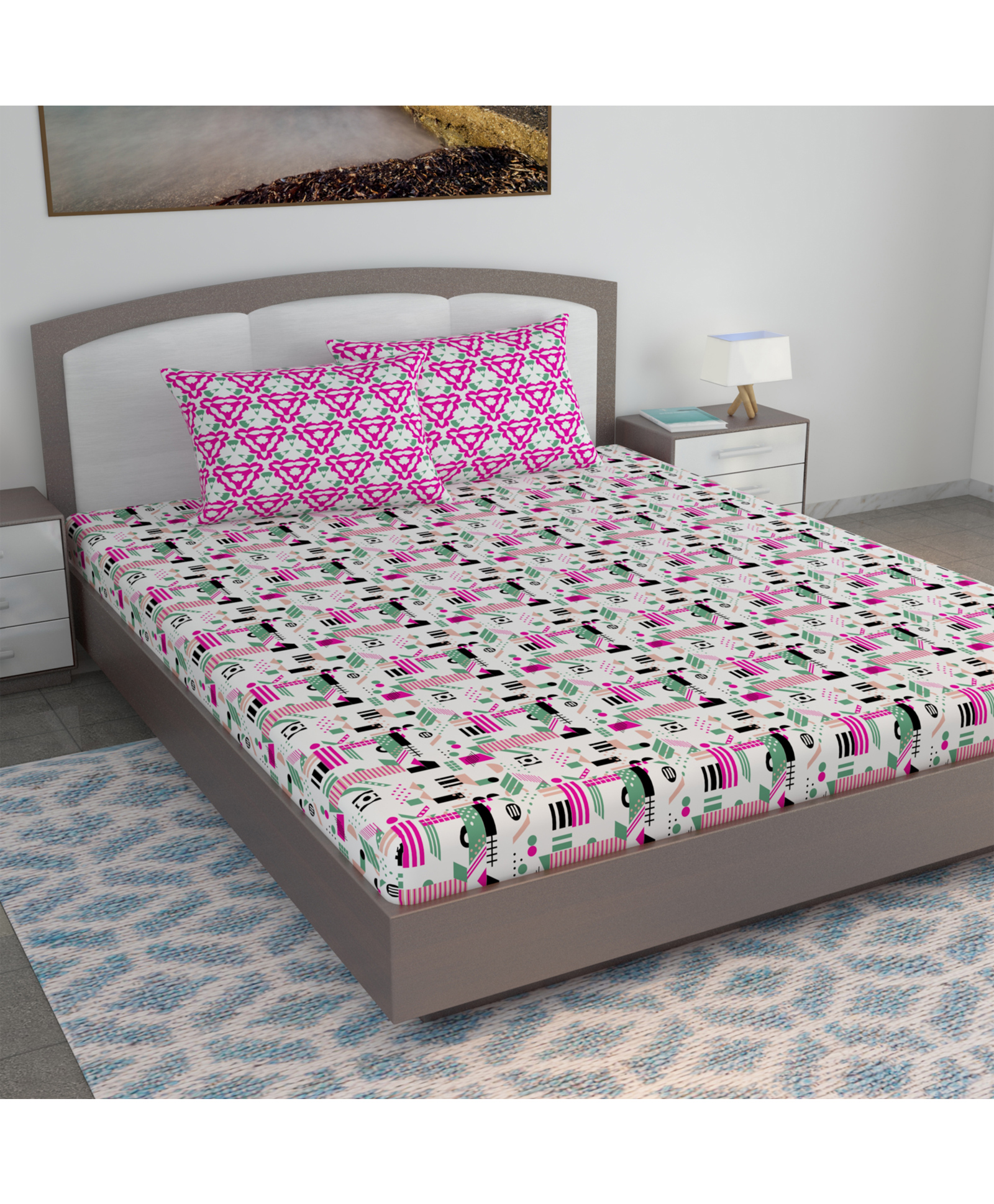 Divine Casa Abstract Blend Cotton King Bedsheet with 2 Pillow Covers - Dark Peach & Black-image-37
