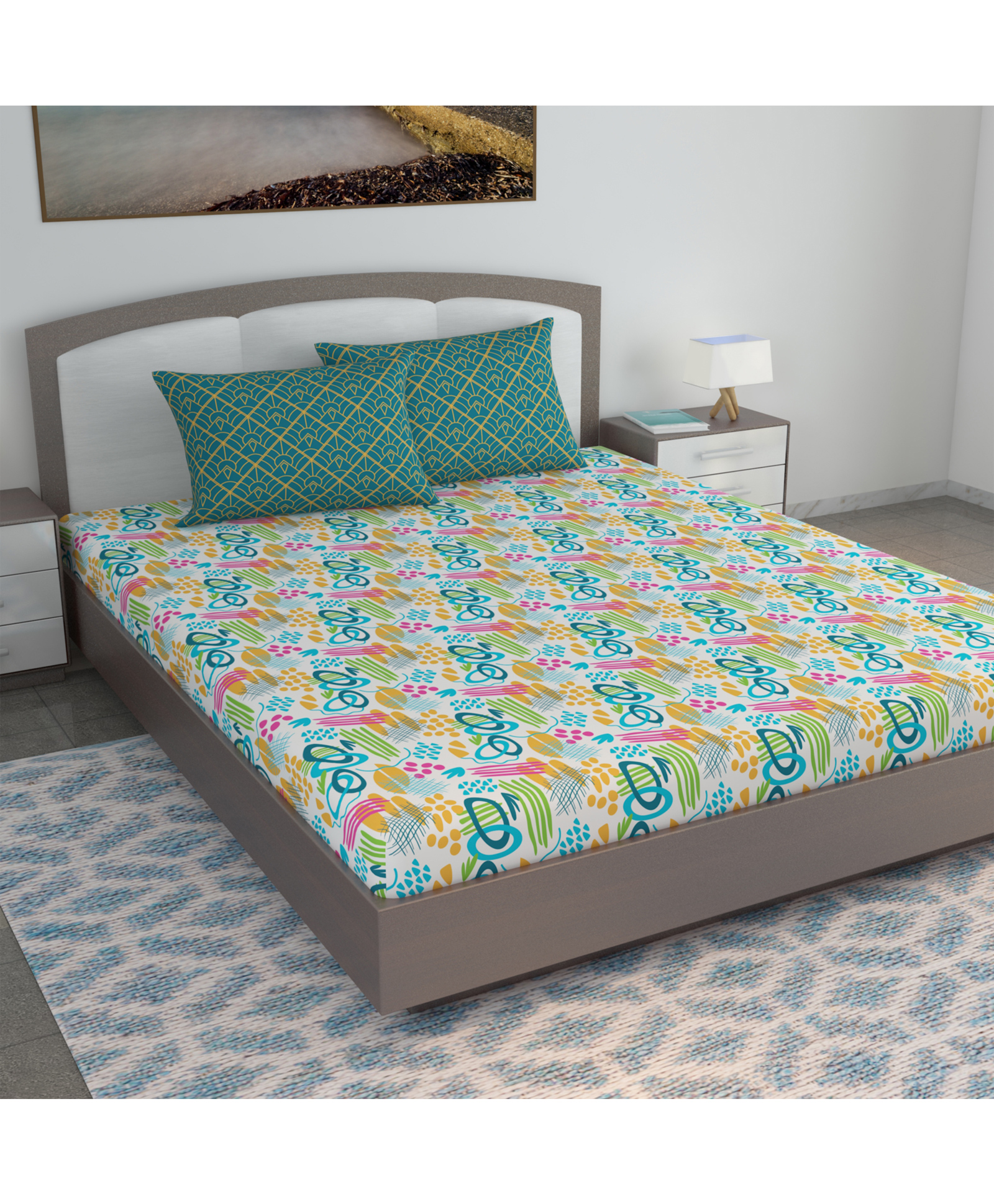 Divine Casa Blend Cotton King Bedsheet with 2 Pillow Covers - Sky Blue & Black-image-22