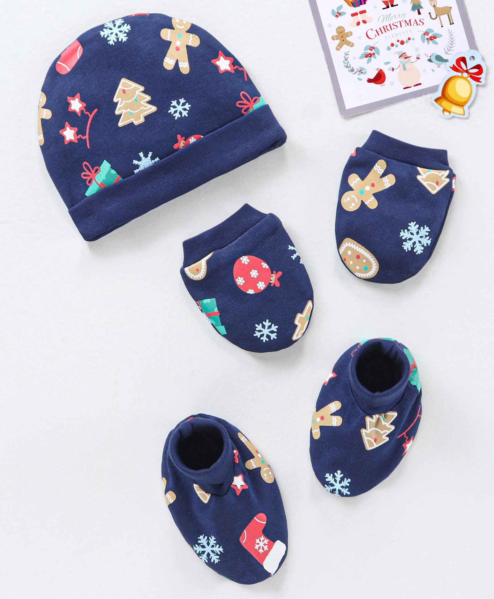 Babyhug 100% Cotton Cap Mittens and Booties Tree Print Navy Blue - Diameter 11 cm-image-23