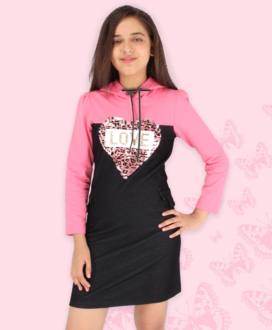 Cutecumber Full Sleeves Animal Print Sequin Heart Embellished Color Blocked Hoodie Dress - Pink & Black-image-37