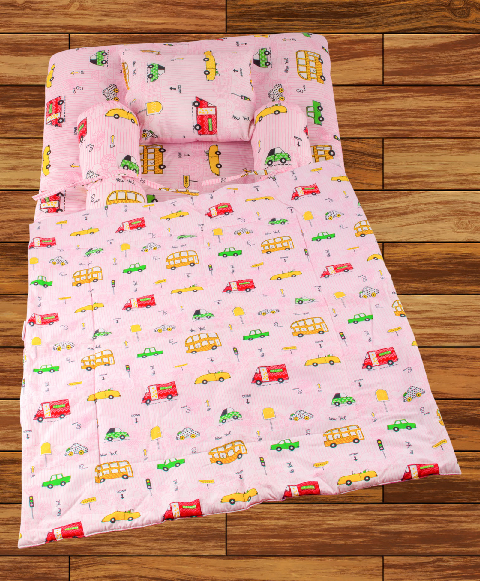 Mittenbooty Baby Quilt Bolster Bed Set Bus Print-Pink-picture-18