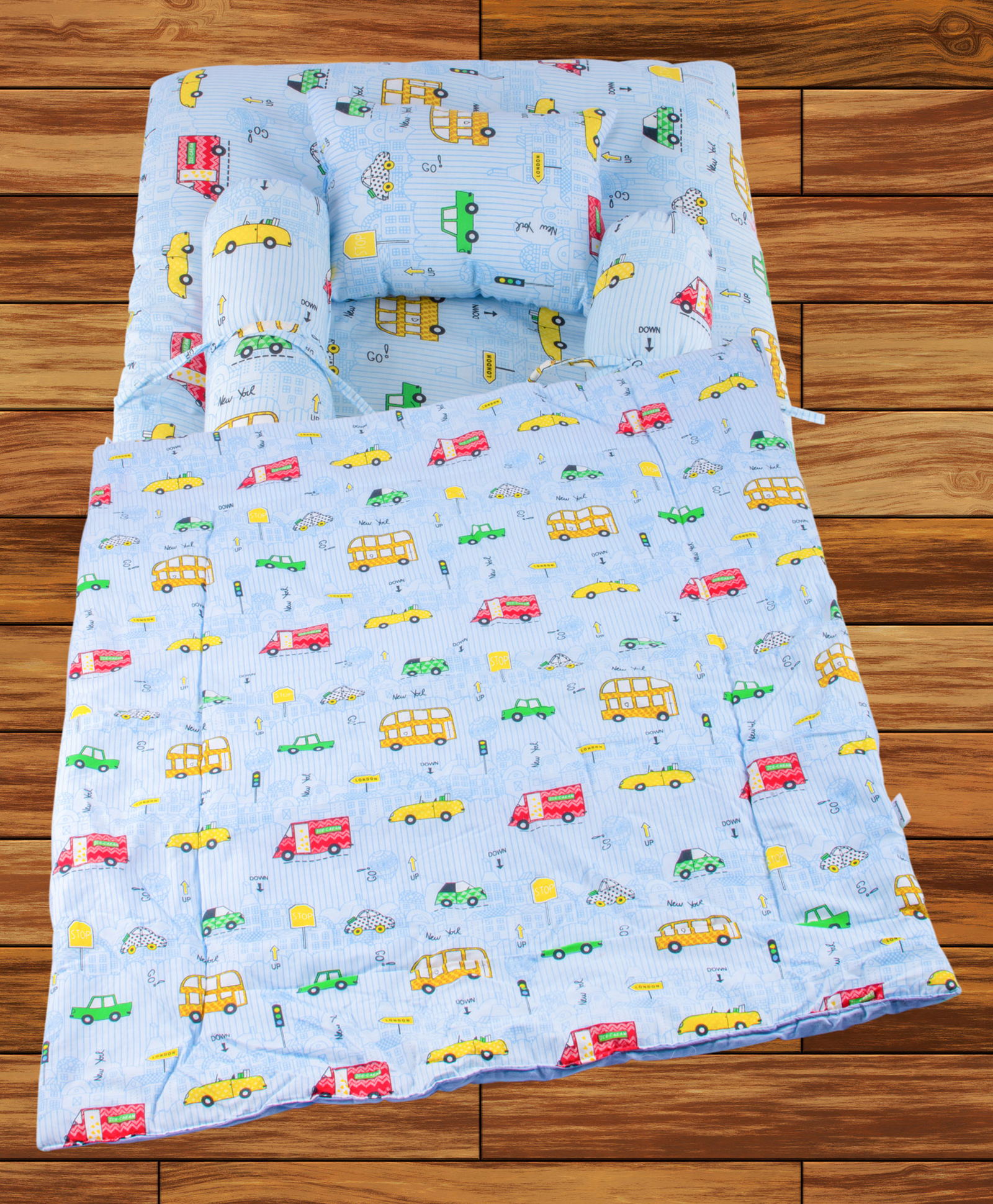Mittenbooty Baby Quilt Bolster Bed Set Bus Print-Blue-picture-25
