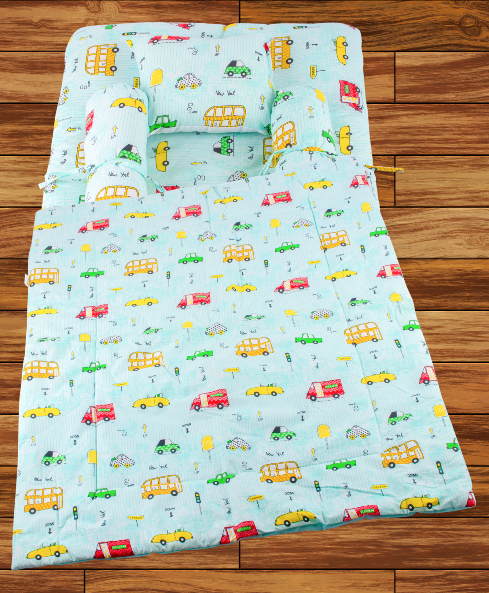 Mittenbooty Baby Quilt Bolster Bed Set Bus Print-Green-picture-16