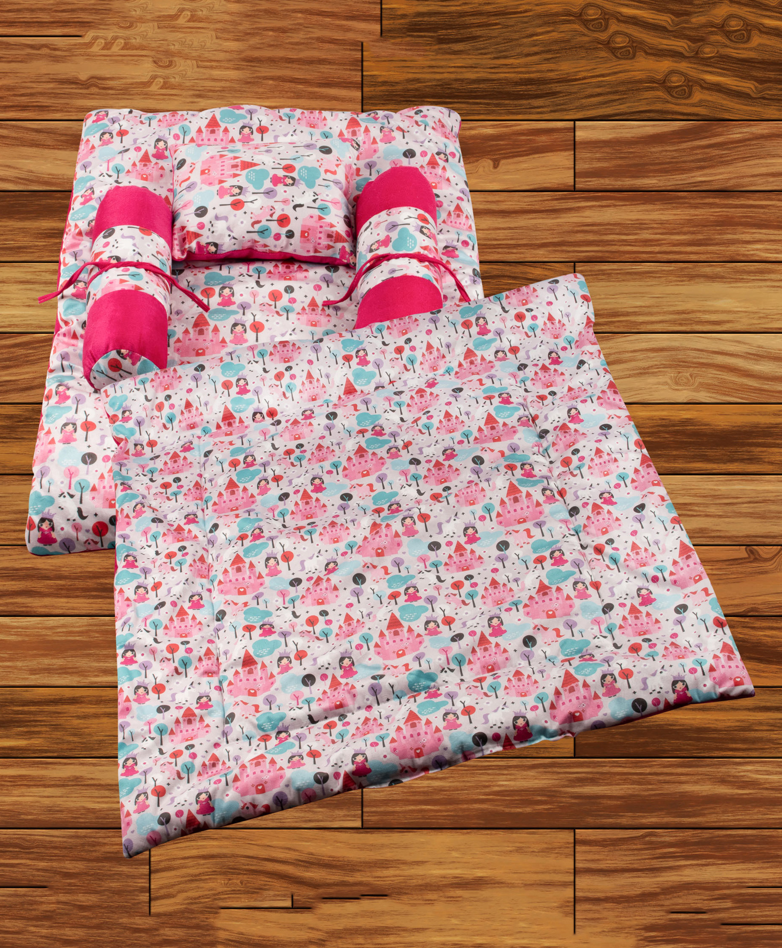 Mittenbooty Baby Quilt Bolster Bed Set in velvet Castle Print-Pink-picture-21