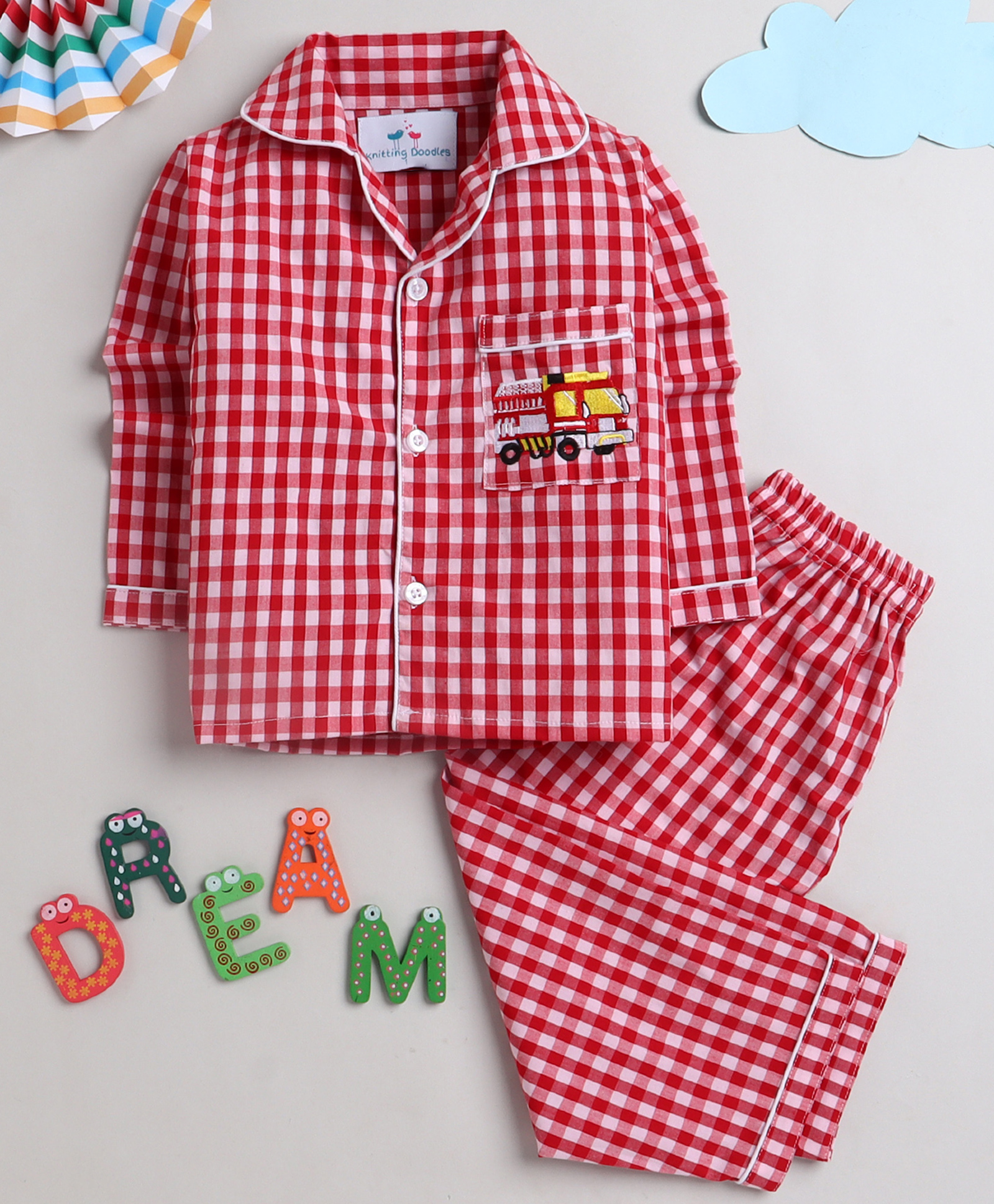 Knitting Doodles Full Sleeves Yarn Dyed Gingham Checked & Fire Truck Embroidered Night Suit - Red-picture-15