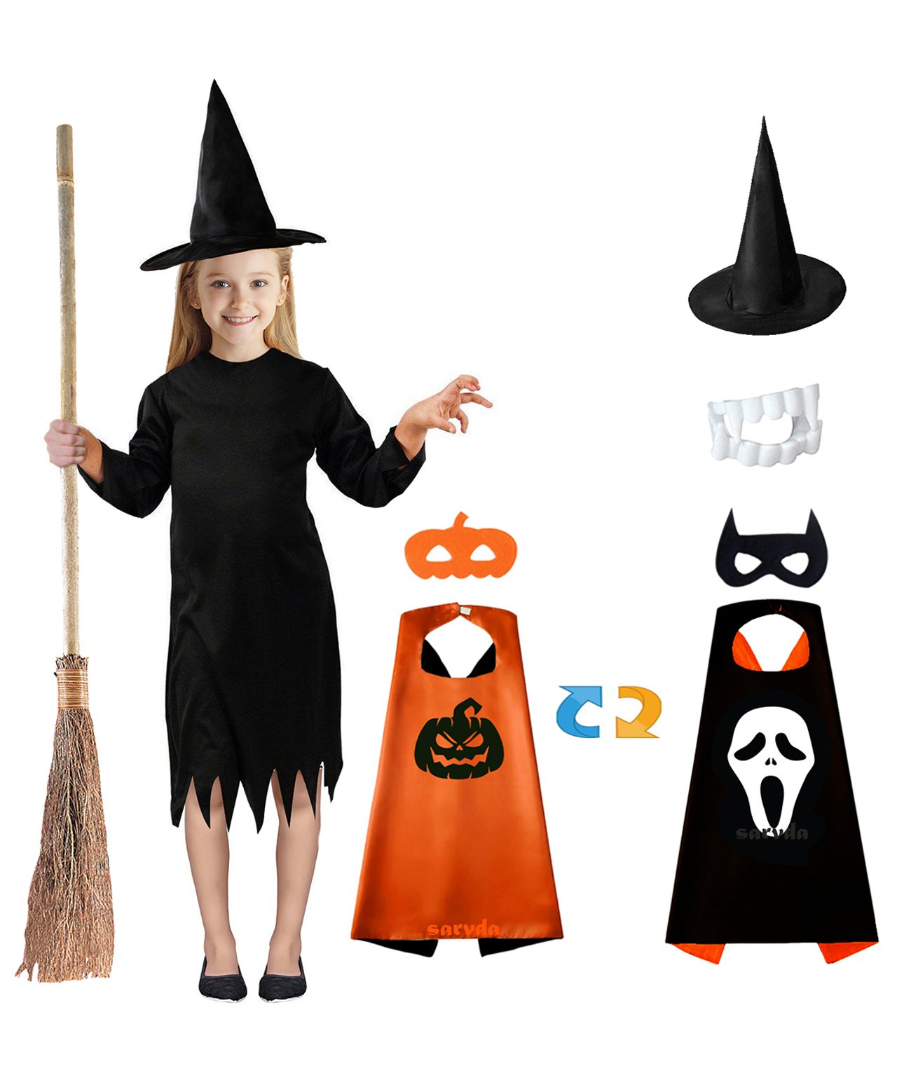 Sarvda California Horror Halloween Theme Cosplay Dark Queen Three Fourth Sleeves Costume Set With Reversible Cape, Scary Teeth & Hat - Orange & Black-image-11