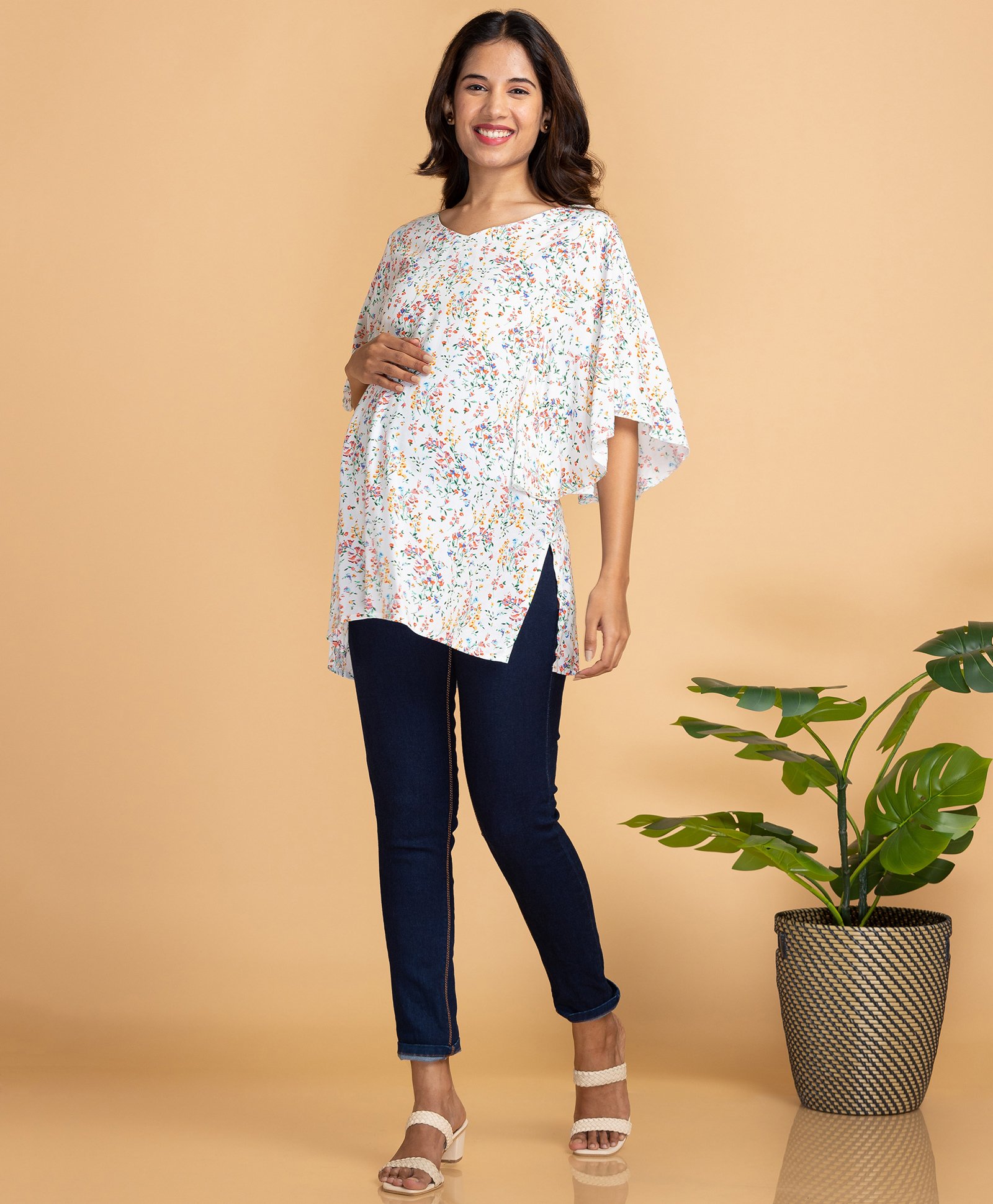 Bella Mama Flutter Sleeves Maternity Top Floral Print - White-picture-20