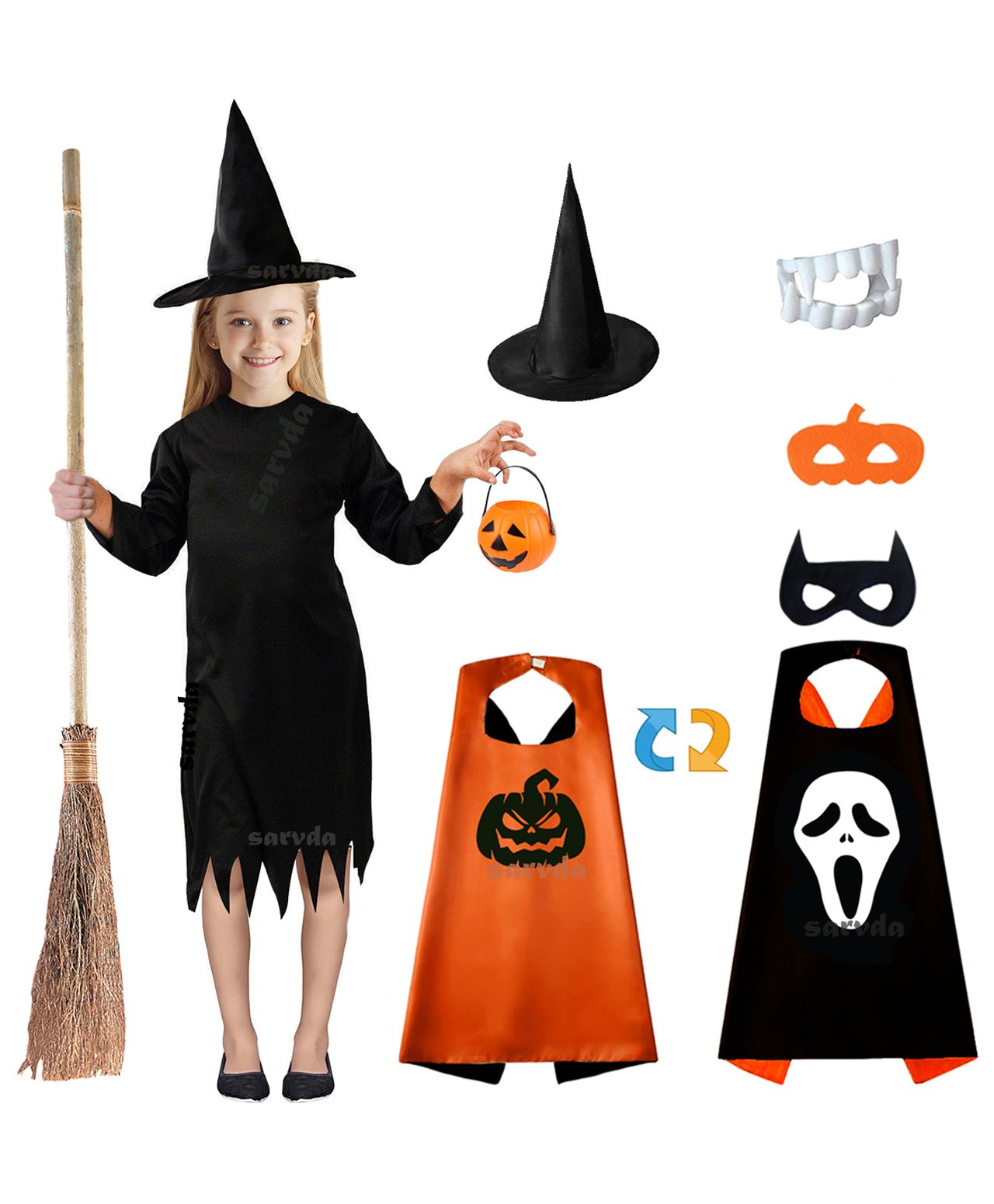 Sarvda California Horror Halloween Theme Cosplay Devil Witch Character Role Play Three Fourth Sleeves Costume Set - Orange & Black-image-26