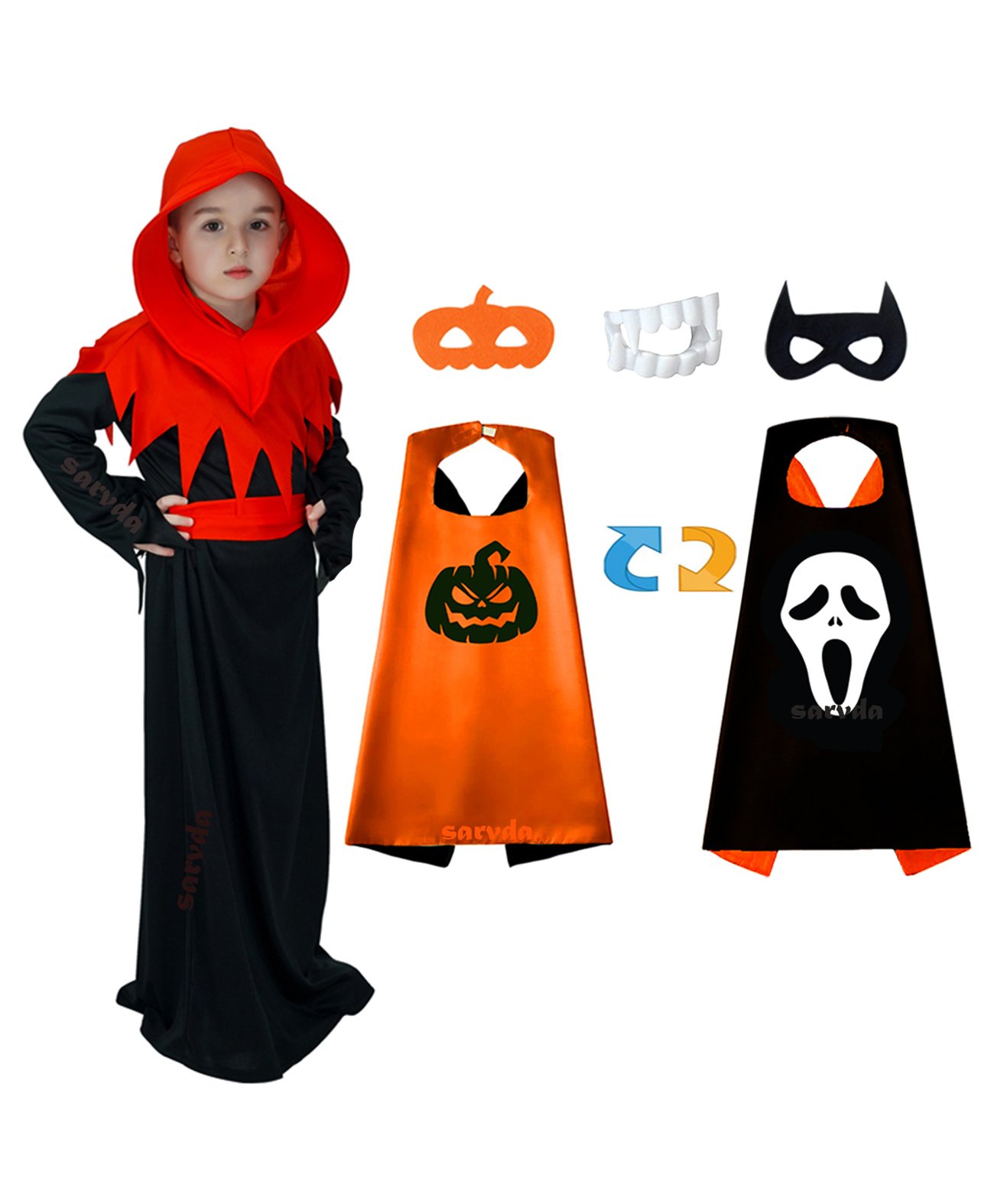Sarvda Halloween And Vampire Costume Theme Full Sleeves Solid Dress With Reversible Cape Teeth Prop And Two Mask - Black-image-3