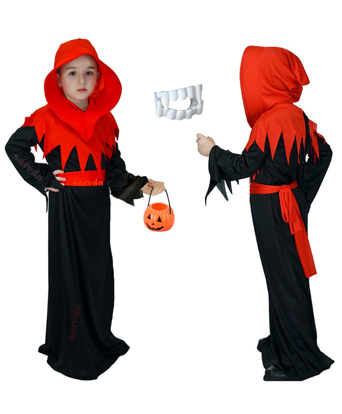 Sarvda Halloween And Vampire Costume Theme Full Sleeves Solid Dress With Teeth Prop And Pumpkin Lantern - Black-image-2
