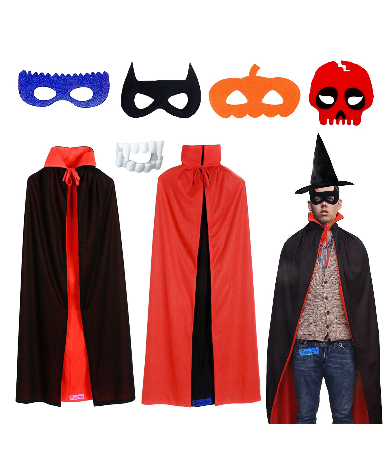 Sarvda Halloween And Vampire Costume Theme Cape Sleeves Reversible Vampire Robe With Felt Mask Scary Teeth And Hat - Black-image-34