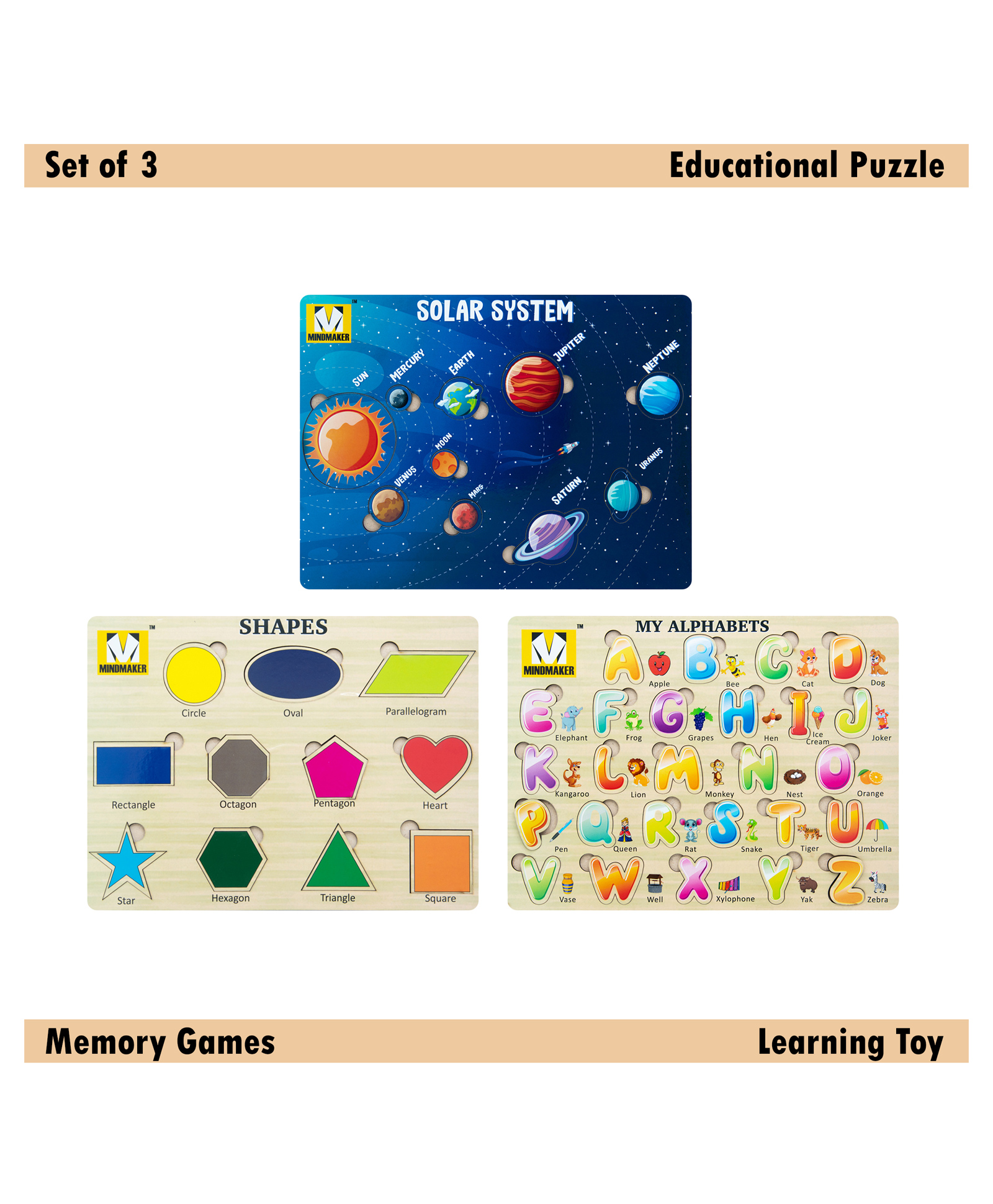Mindmaker Wooden Puzzle Without Knobs Educational and Learning Toy for Kids (Set of 3 Puzzles)-picture-49