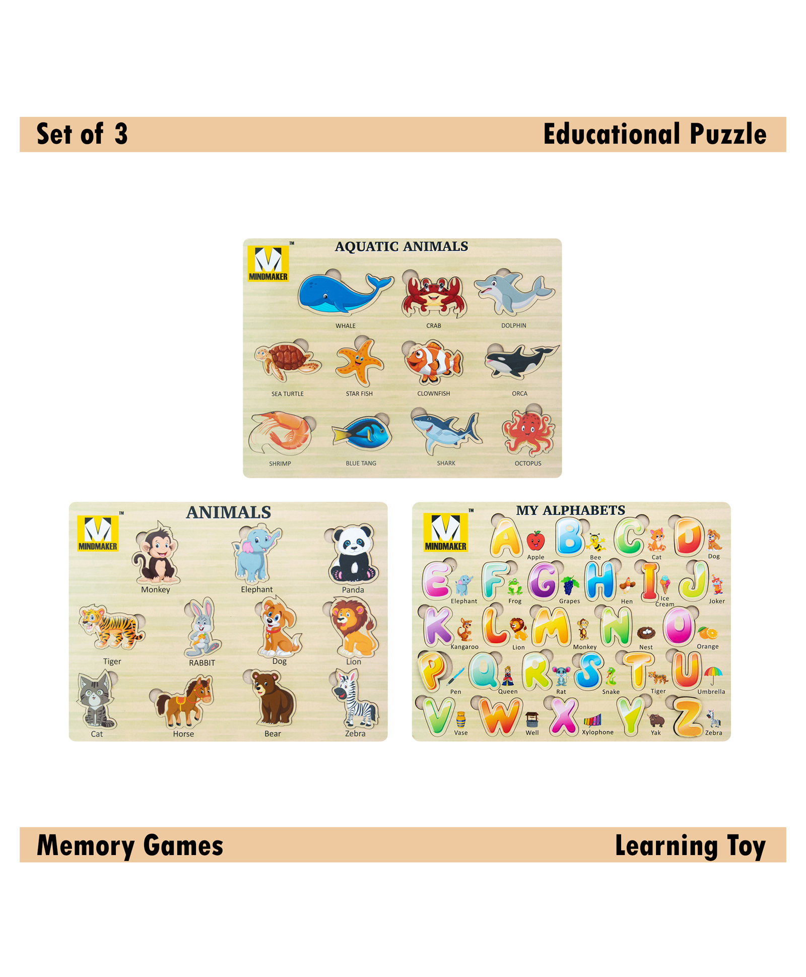 Mindmaker Wooden Puzzle Without Knobs Educational and Learning Toy for Kids (Set of  3 Puzzles)( Color May Vary)-picture-30