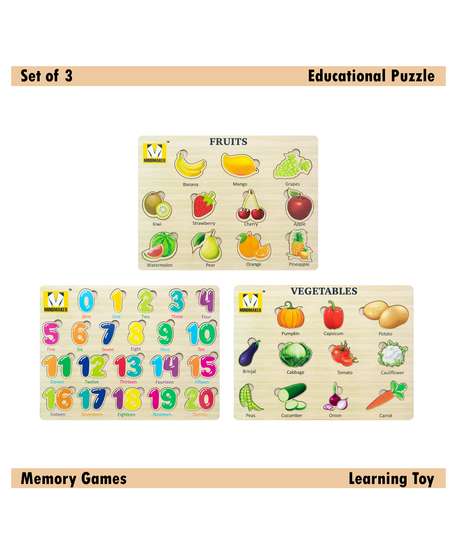 Mindmaker Wooden Puzzle Without Knobs Educational and Learning Toy for Kids (Set of 3 Puzzles)(Color May Vary)-picture-32
