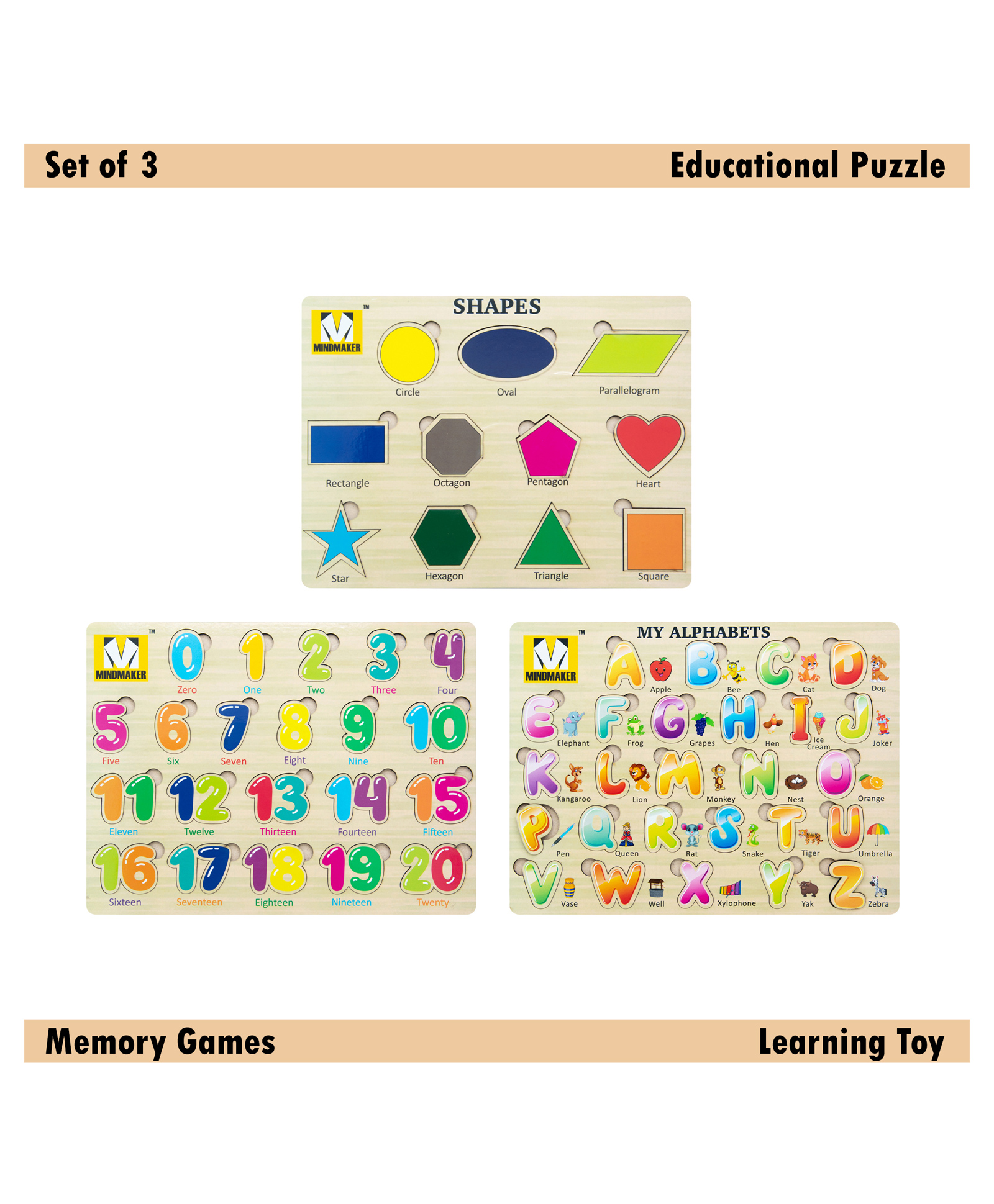 Mindmaker - Wooden Puzzle Without Knobs Educational and Learning Toy for Kids (Set of 3 Puzzles)(Color May Vary)-picture-33