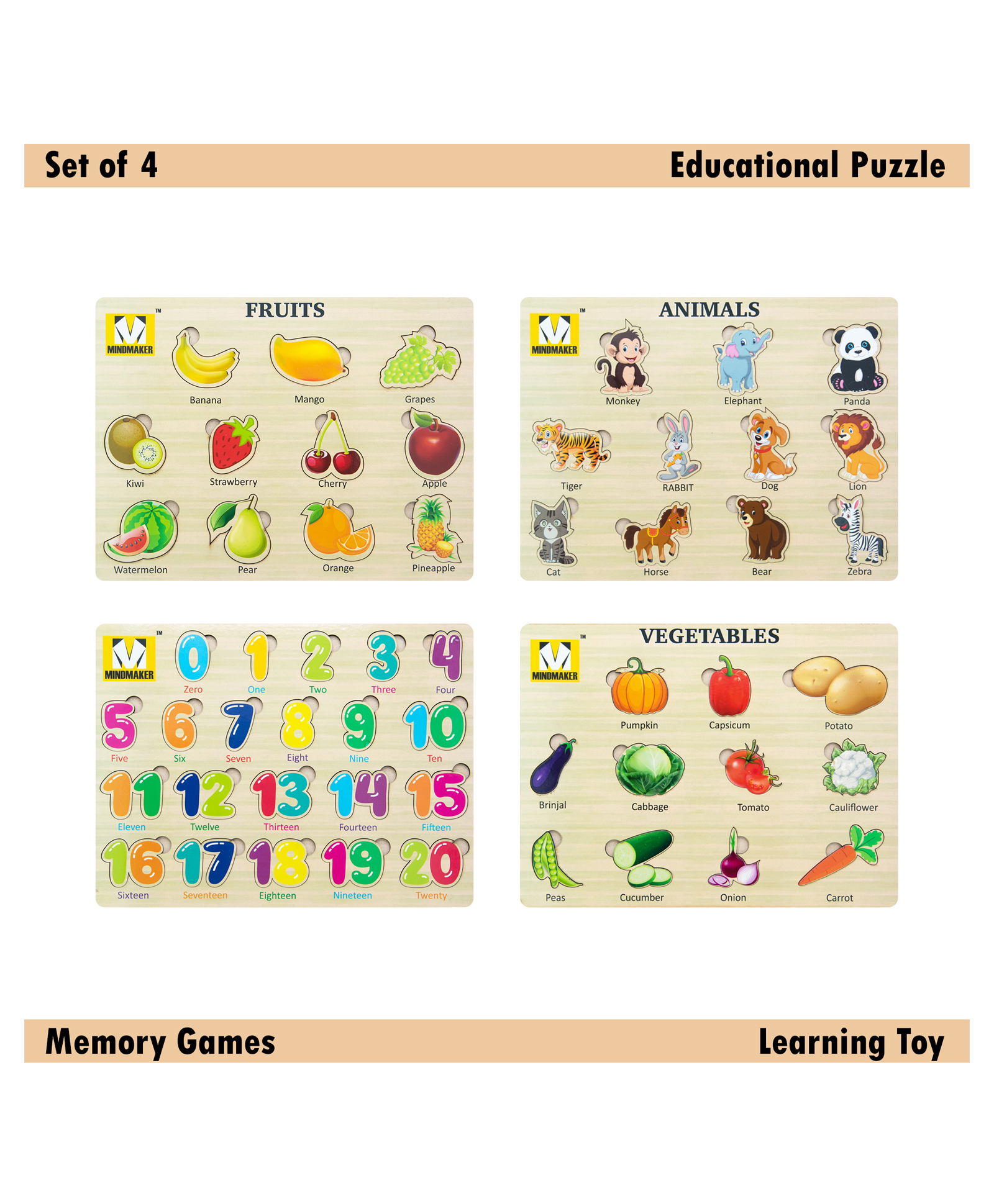 Mindmaker - Wooden Puzzle Without Knobs Educational and Learning Toy for Kids (Set of 4 Puzzles)(Color May Vary)-picture-34