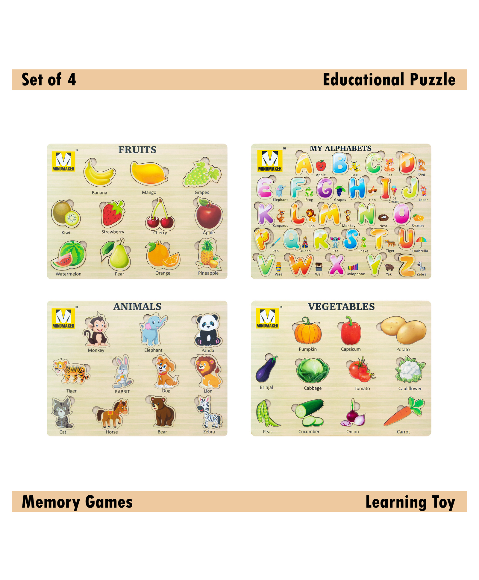 Mindmaker - Wooden Puzzle Without Knobs Educational and Learning Toy for Kids (Set of 4 Puzzles)-image-32